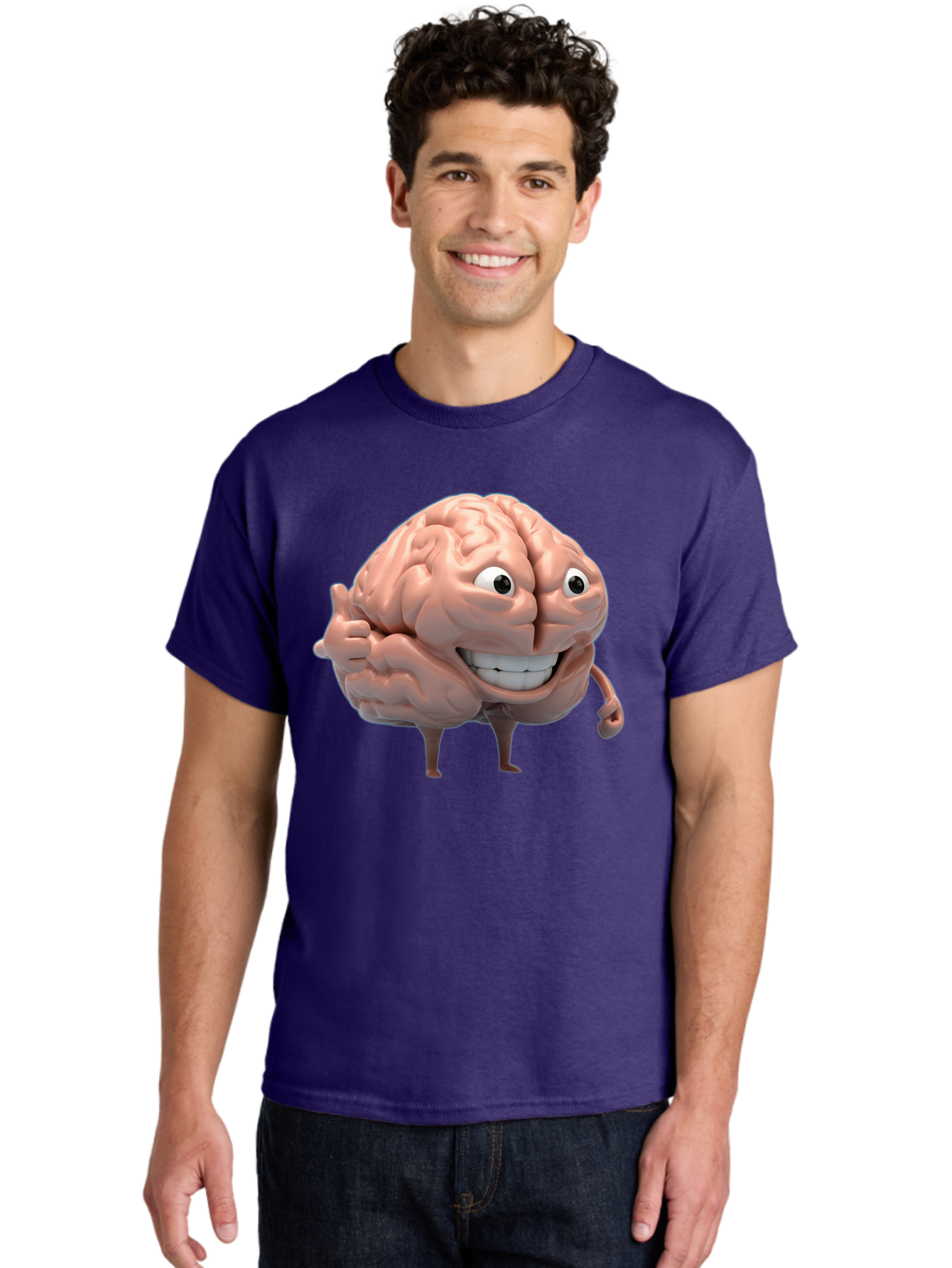 Brain-Character Men'S Graphic Tee, 100% Cotton, Comfortable Casual Summer Wear, Machine Washable, Human Brain, Cartoon Character, Thumbs Up, Smiling Face, Cognitive Function, Intelligence, Learning, Mental Power, Brain Power Bae003
