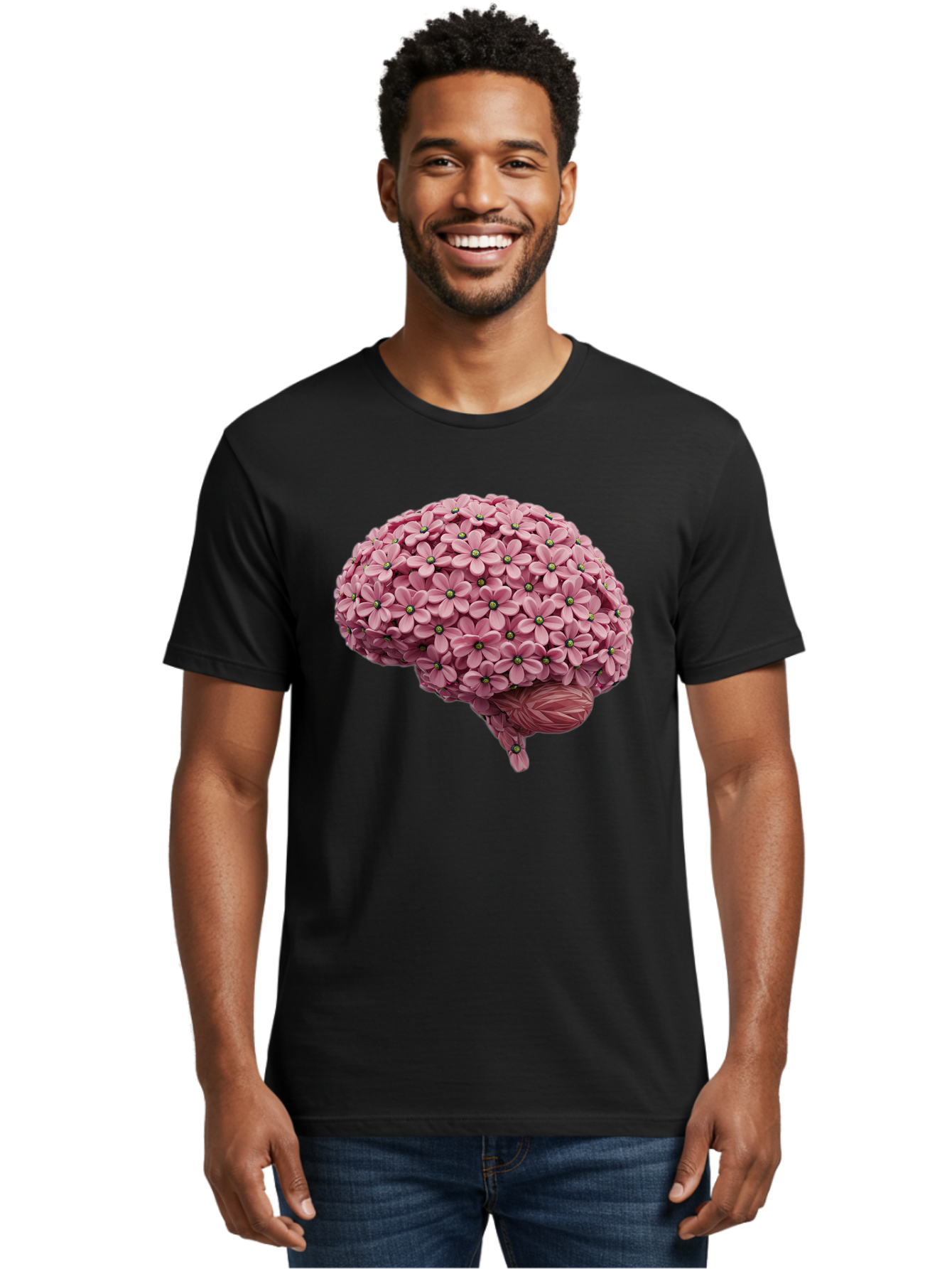 Brain-Made-Of-Flowers Men'S Graphic Tee, 100% Cotton, Comfortable Casual Summer Wear, Machine Washable, Brain Made Of Flowers, Floral Brain, Pink Flowers, Creative Thinking, Artistic Expression, Mental Health Awareness, Brain Illustration, Bae004