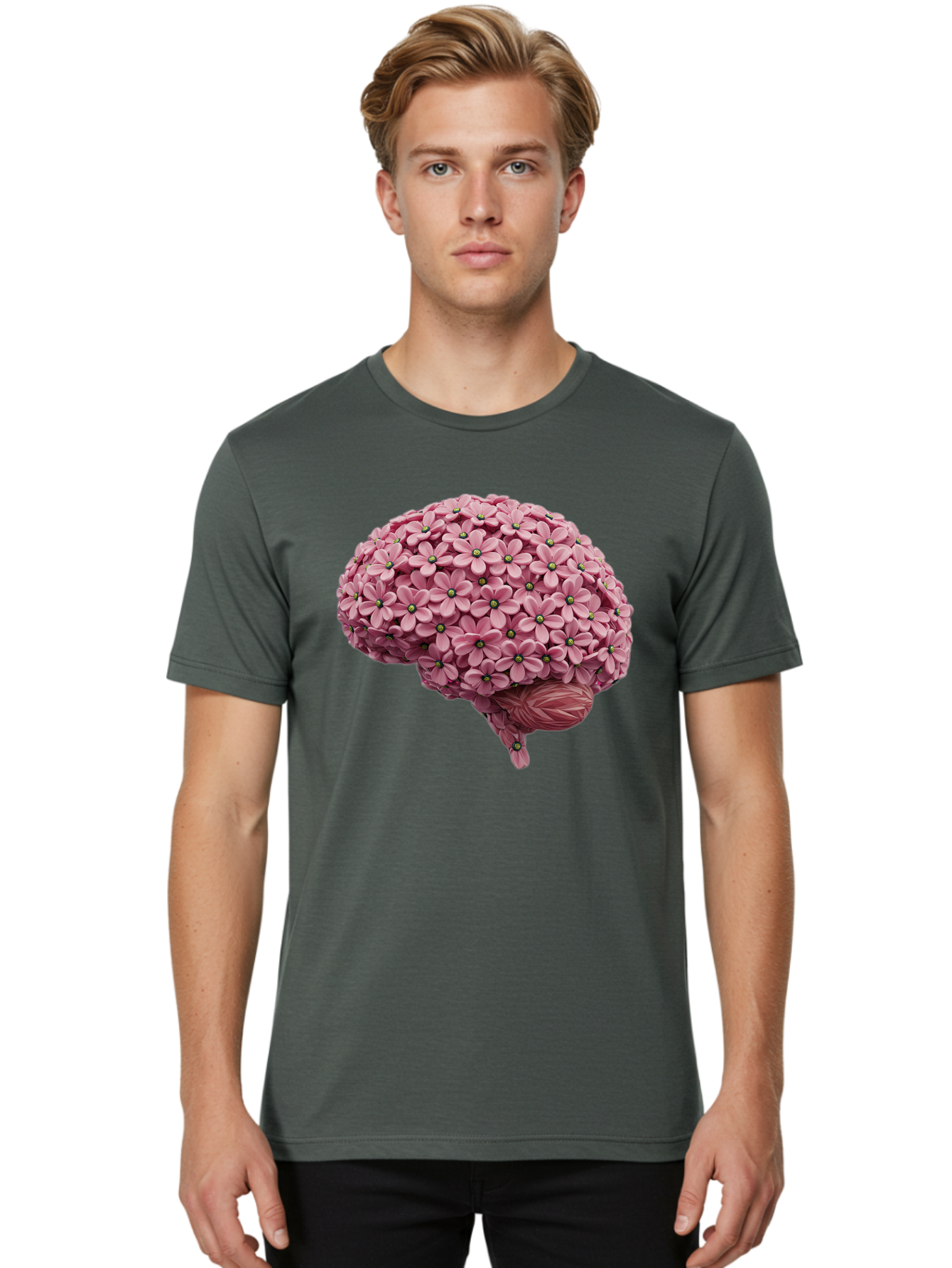 Brain-Made-Of-Flowers Men'S Graphic Tee, 100% Cotton, Comfortable Casual Summer Wear, Machine Washable, Brain Made Of Flowers, Floral Brain, Pink Flowers, Creative Thinking, Artistic Expression, Mental Health Awareness, Brain Illustration, Bae004