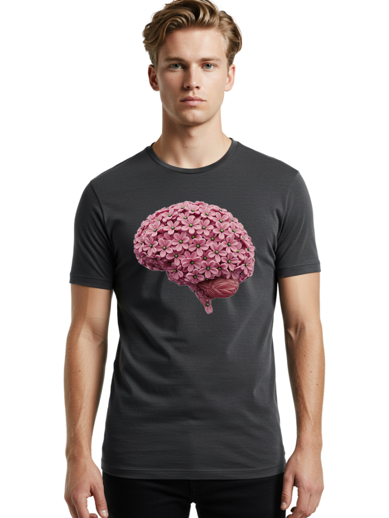 Brain-Made-Of-Flowers Men'S Graphic Tee, 100% Cotton, Comfortable Casual Summer Wear, Machine Washable, Brain Made Of Flowers, Floral Brain, Pink Flowers, Creative Thinking, Artistic Expression, Mental Health Awareness, Brain Illustration, Bae004