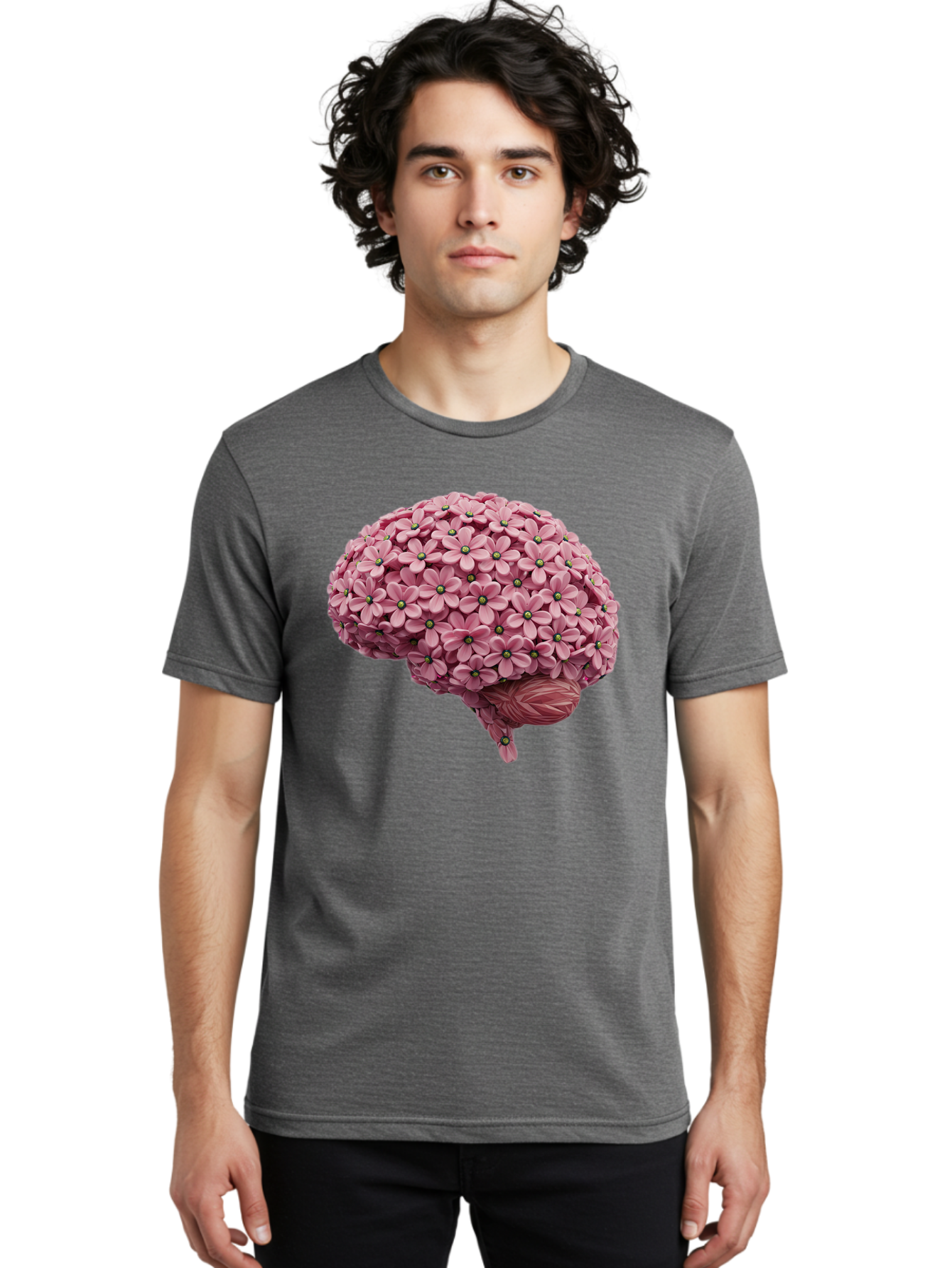 Brain-Made-Of-Flowers Men'S Graphic Tee, 100% Cotton, Comfortable Casual Summer Wear, Machine Washable, Brain Made Of Flowers, Floral Brain, Pink Flowers, Creative Thinking, Artistic Expression, Mental Health Awareness, Brain Illustration, Bae004
