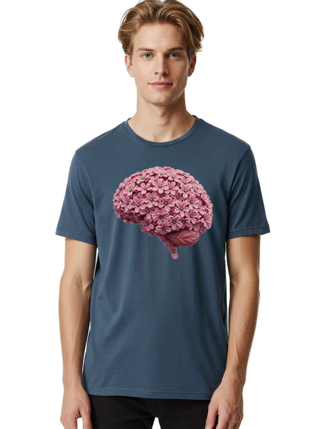 Brain-Made-Of-Flowers Men'S Graphic Tee, 100% Cotton, Comfortable Casual Summer Wear, Machine Washable, Brain Made Of Flowers, Floral Brain, Pink Flowers, Creative Thinking, Artistic Expression, Mental Health Awareness, Brain Illustration, Bae004