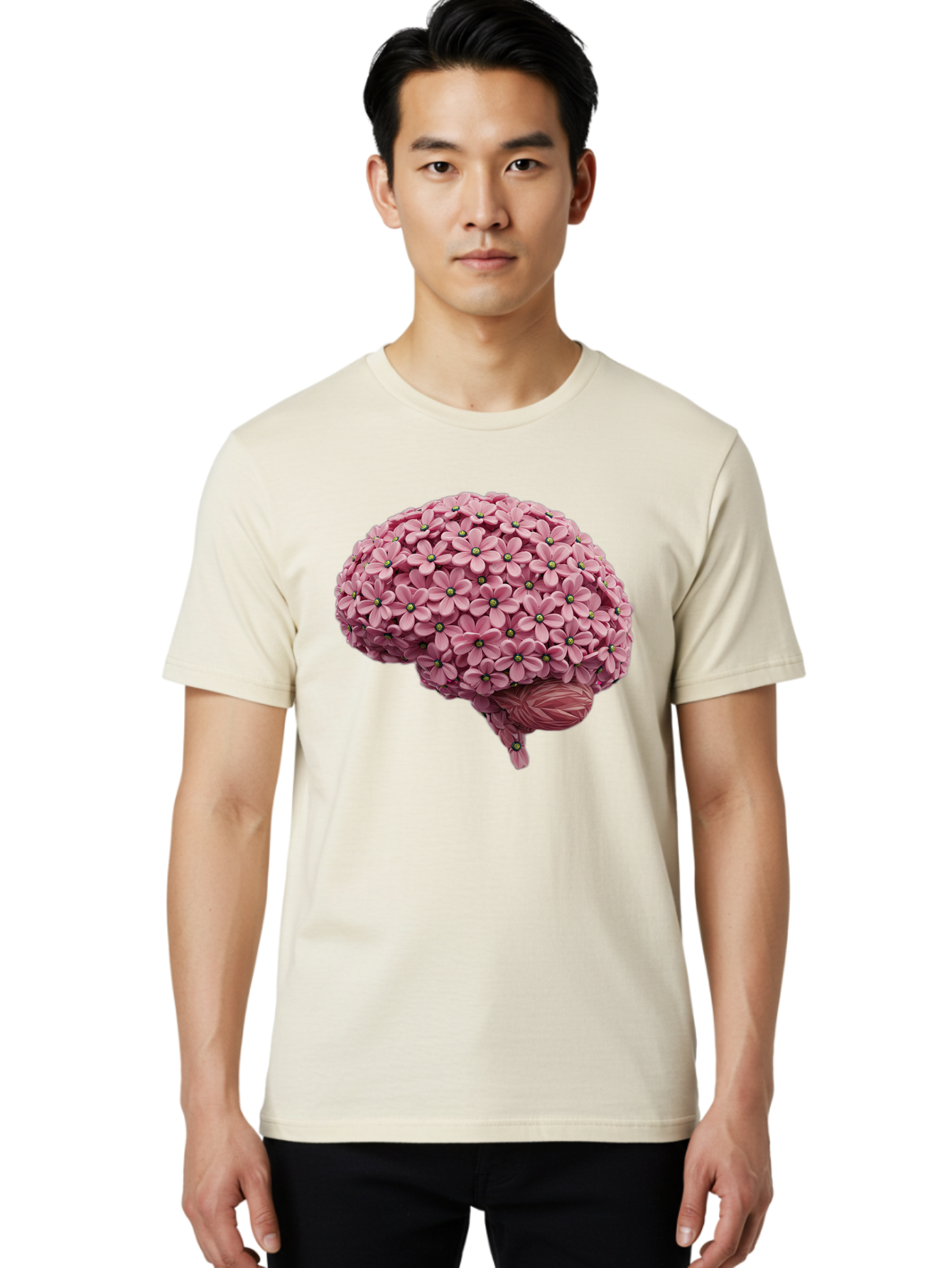 Brain-Made-Of-Flowers Men'S Graphic Tee, 100% Cotton, Comfortable Casual Summer Wear, Machine Washable, Brain Made Of Flowers, Floral Brain, Pink Flowers, Creative Thinking, Artistic Expression, Mental Health Awareness, Brain Illustration, Bae004