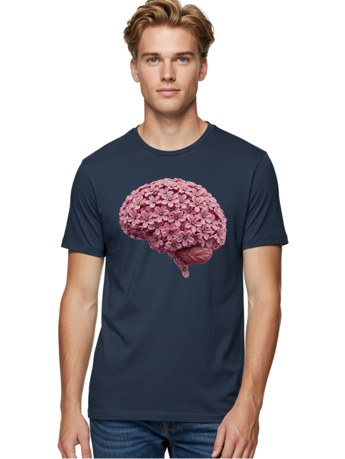 Brain-Made-Of-Flowers Men'S Graphic Tee, 100% Cotton, Comfortable Casual Summer Wear, Machine Washable, Brain Made Of Flowers, Floral Brain, Pink Flowers, Creative Thinking, Artistic Expression, Mental Health Awareness, Brain Illustration, Bae004