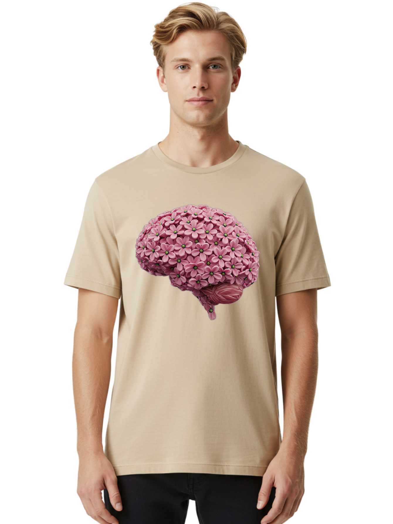 Brain-Made-Of-Flowers Men'S Graphic Tee, 100% Cotton, Comfortable Casual Summer Wear, Machine Washable, Brain Made Of Flowers, Floral Brain, Pink Flowers, Creative Thinking, Artistic Expression, Mental Health Awareness, Brain Illustration, Bae004