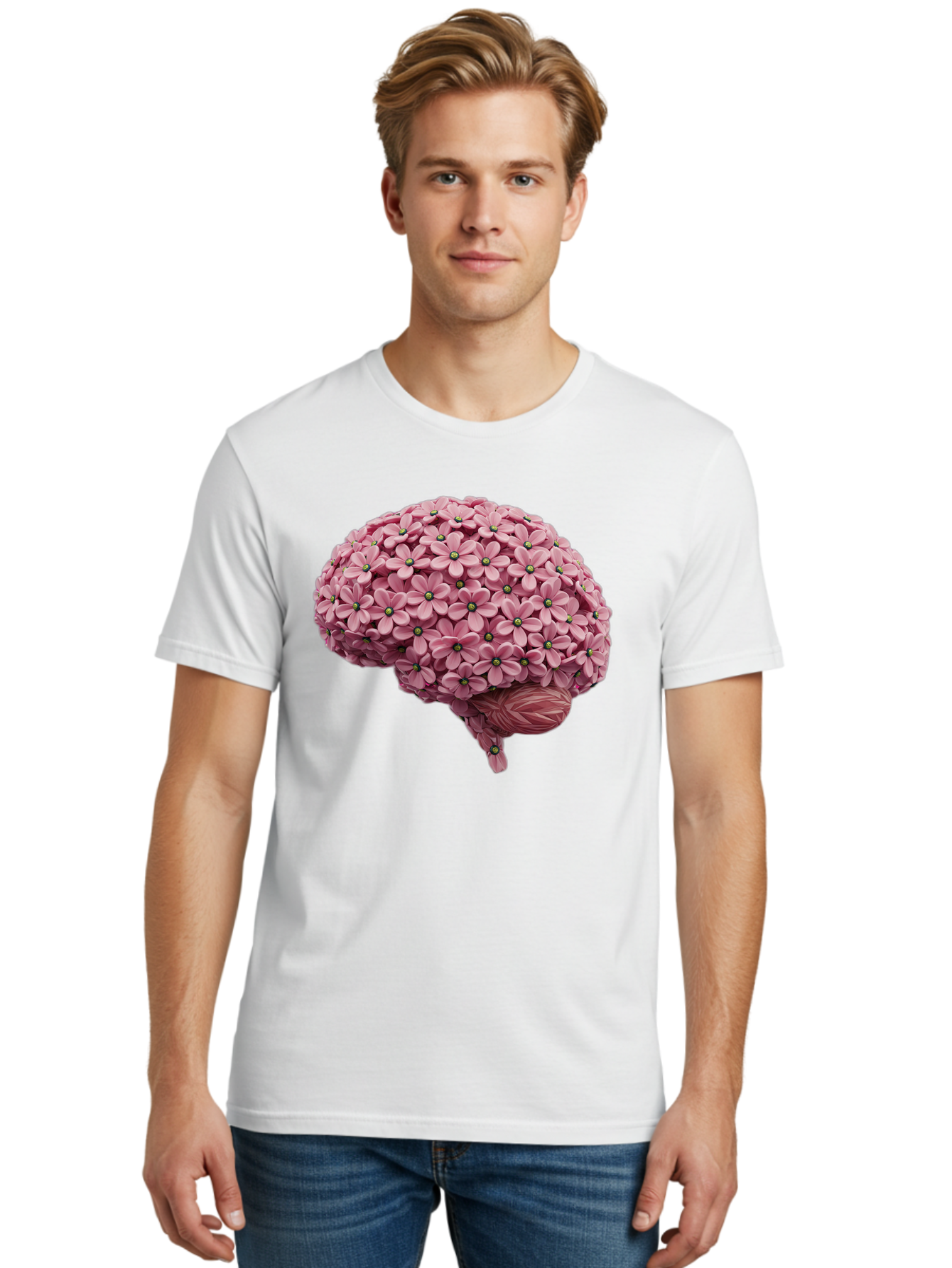 Brain-Made-Of-Flowers Men'S Graphic Tee, 100% Cotton, Comfortable Casual Summer Wear, Machine Washable, Brain Made Of Flowers, Floral Brain, Pink Flowers, Creative Thinking, Artistic Expression, Mental Health Awareness, Brain Illustration, Bae004