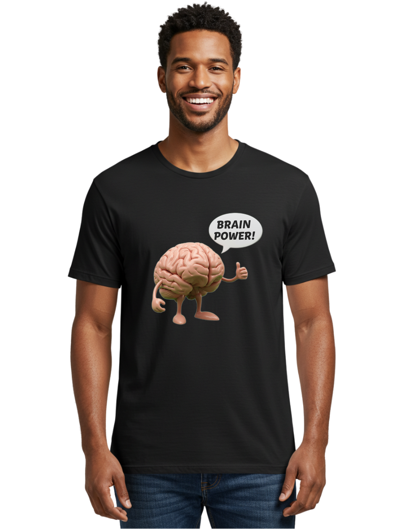Brain-Power Men'S Graphic Tee, 100% Cotton, Comfortable Casual Summer Wear, Machine Washable, Cartoon Brain Character, Thumbs Up, Intellectual Power, Cognitive Abilities, Mental Strength, Smart Thinking, Brain Power, Happy Brain, Confidence, Bae005