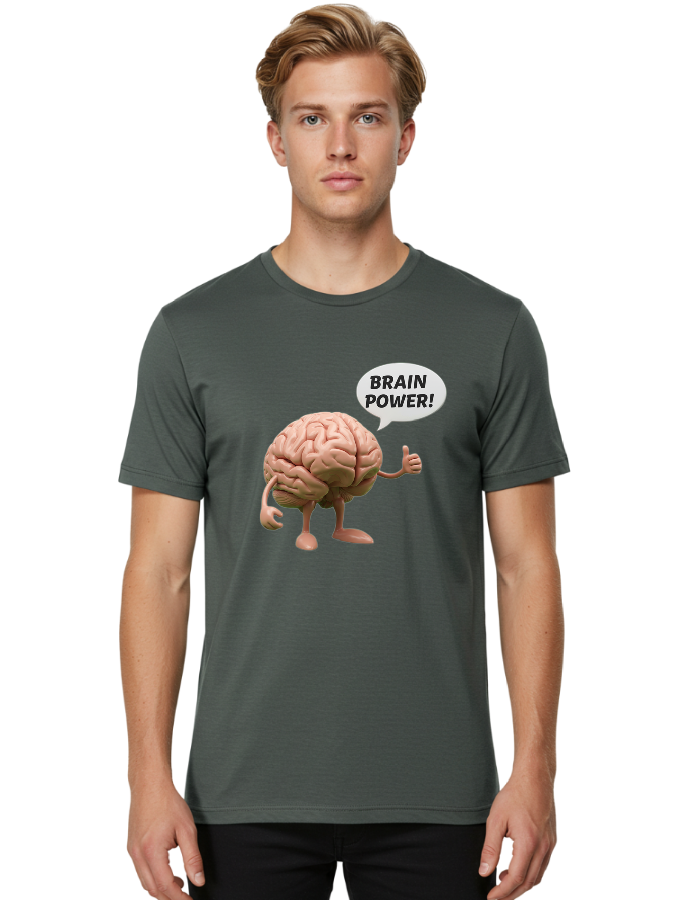 Brain-Power Men'S Graphic Tee, 100% Cotton, Comfortable Casual Summer Wear, Machine Washable, Cartoon Brain Character, Thumbs Up, Intellectual Power, Cognitive Abilities, Mental Strength, Smart Thinking, Brain Power, Happy Brain, Confidence, Bae005