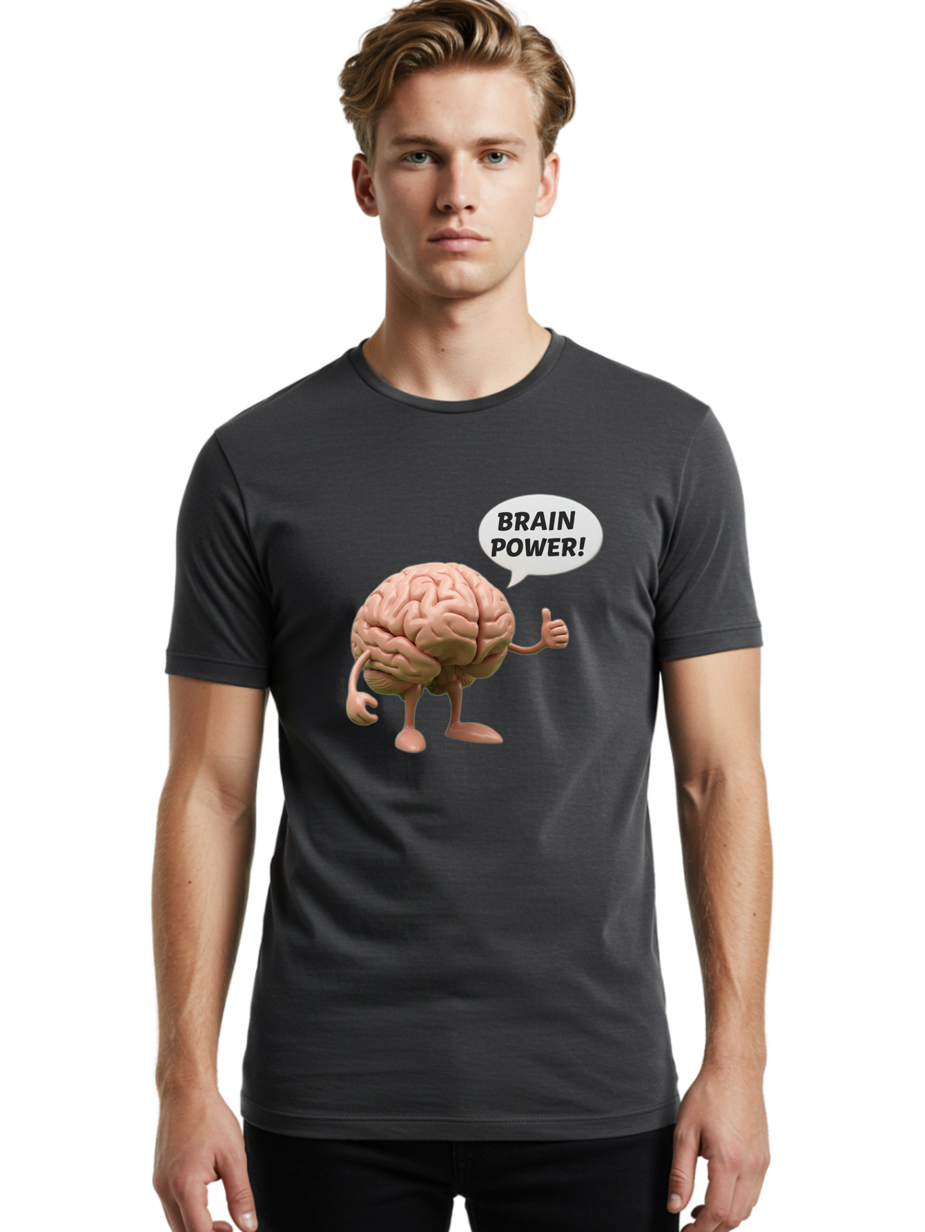 Brain-Power Men'S Graphic Tee, 100% Cotton, Comfortable Casual Summer Wear, Machine Washable, Cartoon Brain Character, Thumbs Up, Intellectual Power, Cognitive Abilities, Mental Strength, Smart Thinking, Brain Power, Happy Brain, Confidence, Bae005