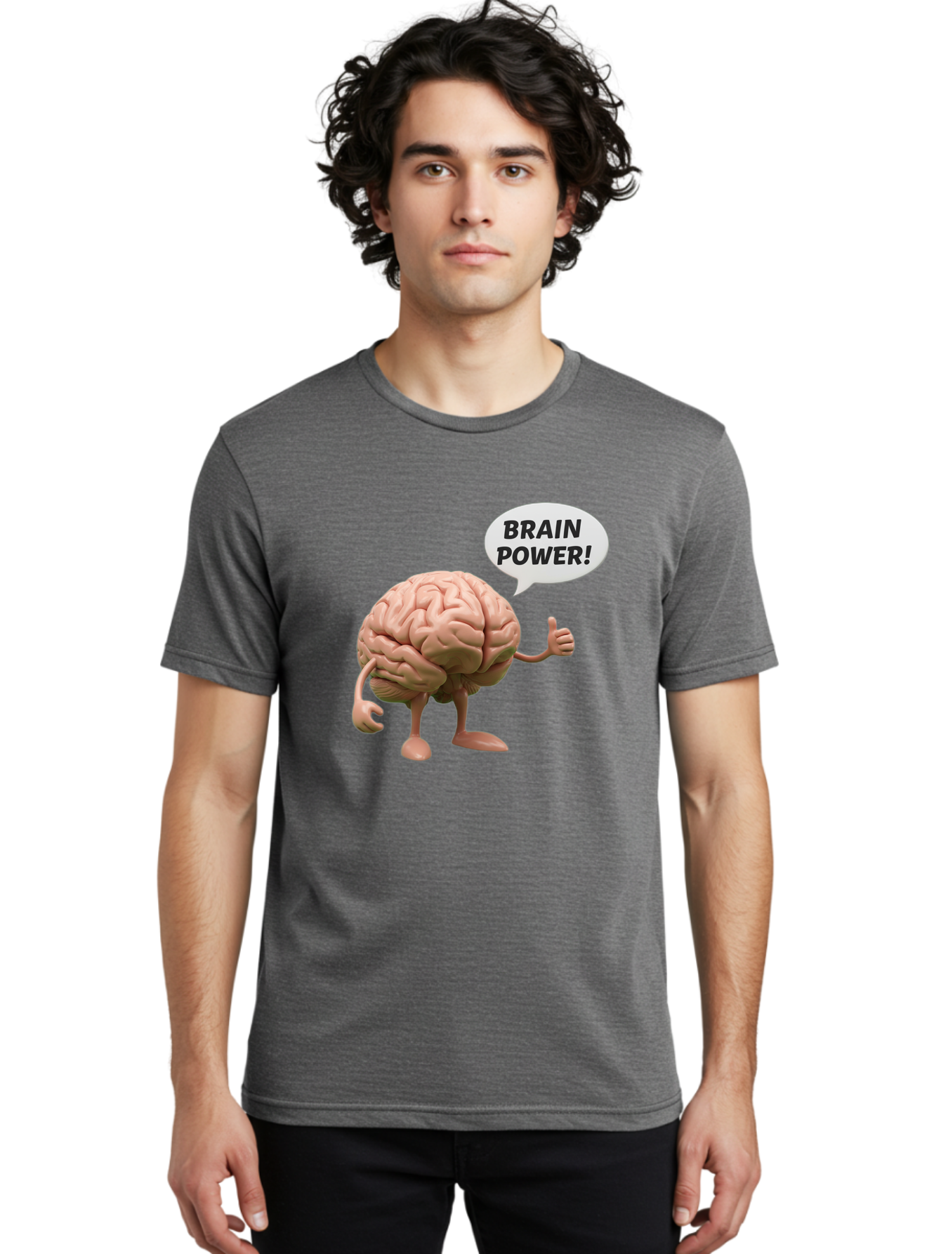 Brain-Power Men'S Graphic Tee, 100% Cotton, Comfortable Casual Summer Wear, Machine Washable, Cartoon Brain Character, Thumbs Up, Intellectual Power, Cognitive Abilities, Mental Strength, Smart Thinking, Brain Power, Happy Brain, Confidence, Bae005