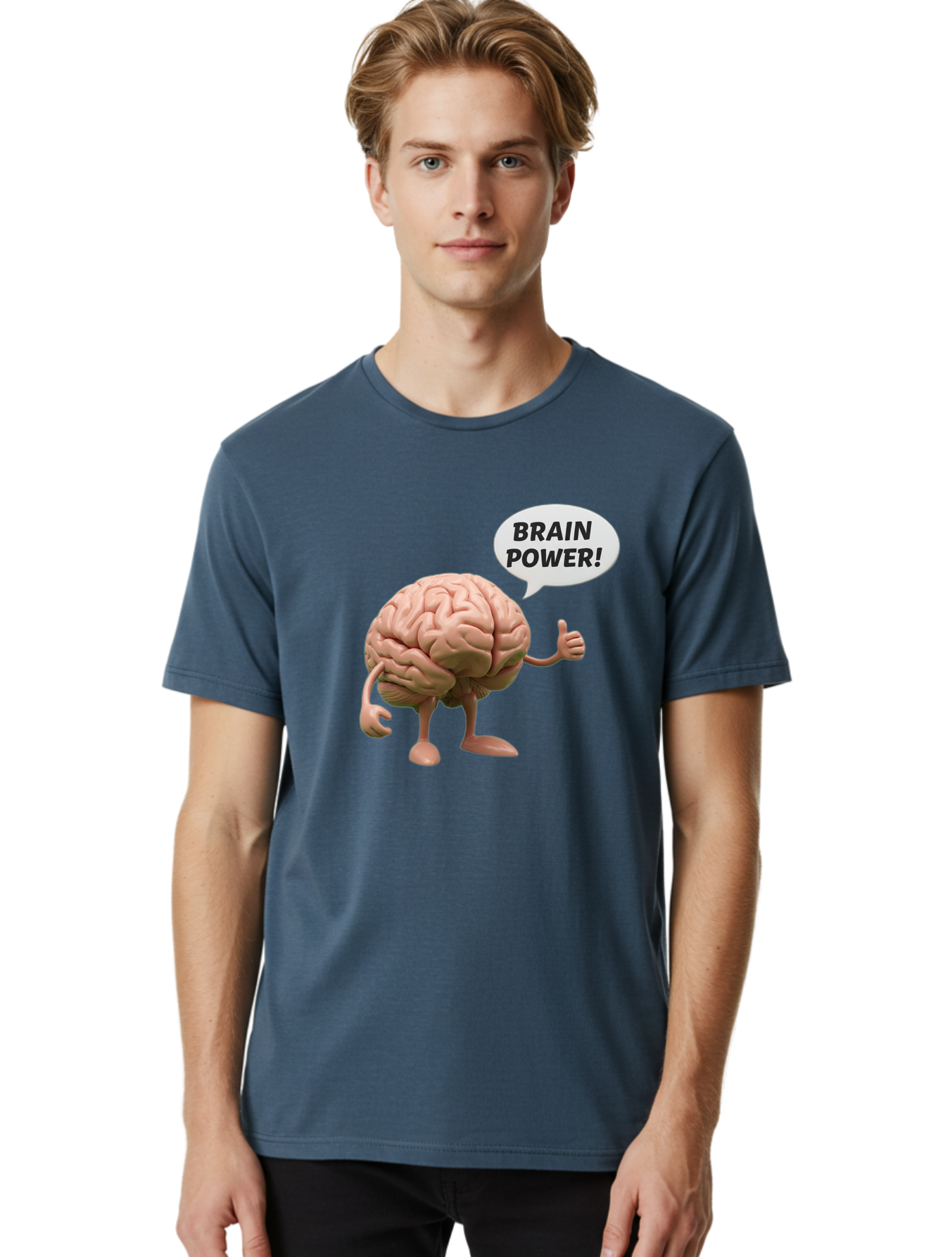 Brain-Power Men'S Graphic Tee, 100% Cotton, Comfortable Casual Summer Wear, Machine Washable, Cartoon Brain Character, Thumbs Up, Intellectual Power, Cognitive Abilities, Mental Strength, Smart Thinking, Brain Power, Happy Brain, Confidence, Bae005