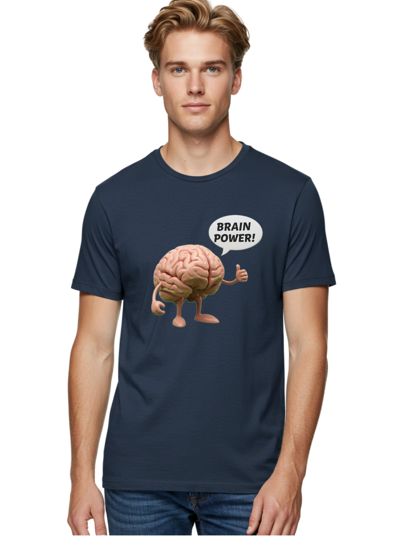 Brain-Power Men'S Graphic Tee, 100% Cotton, Comfortable Casual Summer Wear, Machine Washable, Cartoon Brain Character, Thumbs Up, Intellectual Power, Cognitive Abilities, Mental Strength, Smart Thinking, Brain Power, Happy Brain, Confidence, Bae005