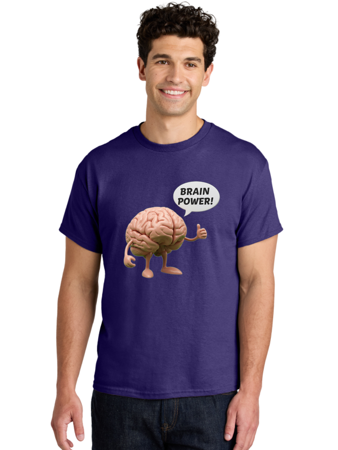 Brain-Power Men'S Graphic Tee, 100% Cotton, Comfortable Casual Summer Wear, Machine Washable, Cartoon Brain Character, Thumbs Up, Intellectual Power, Cognitive Abilities, Mental Strength, Smart Thinking, Brain Power, Happy Brain, Confidence, Bae005