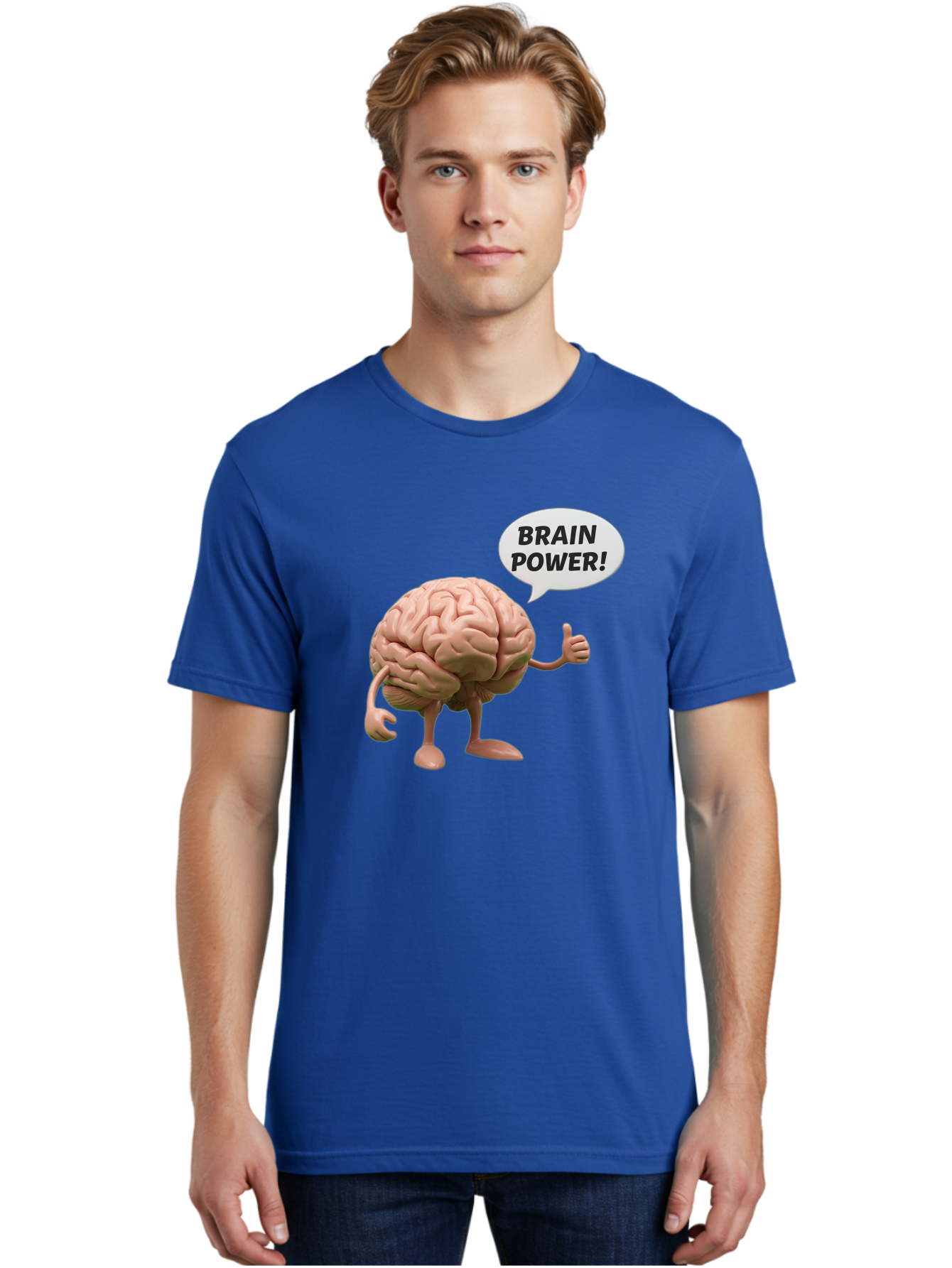 Brain-Power Men'S Graphic Tee, 100% Cotton, Comfortable Casual Summer Wear, Machine Washable, Cartoon Brain Character, Thumbs Up, Intellectual Power, Cognitive Abilities, Mental Strength, Smart Thinking, Brain Power, Happy Brain, Confidence, Bae005