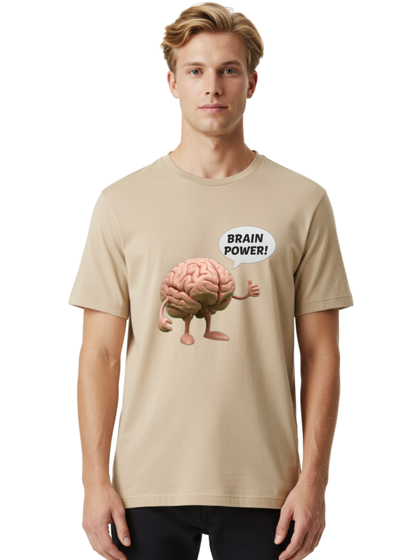 Brain-Power Men'S Graphic Tee, 100% Cotton, Comfortable Casual Summer Wear, Machine Washable, Cartoon Brain Character, Thumbs Up, Intellectual Power, Cognitive Abilities, Mental Strength, Smart Thinking, Brain Power, Happy Brain, Confidence, Bae005