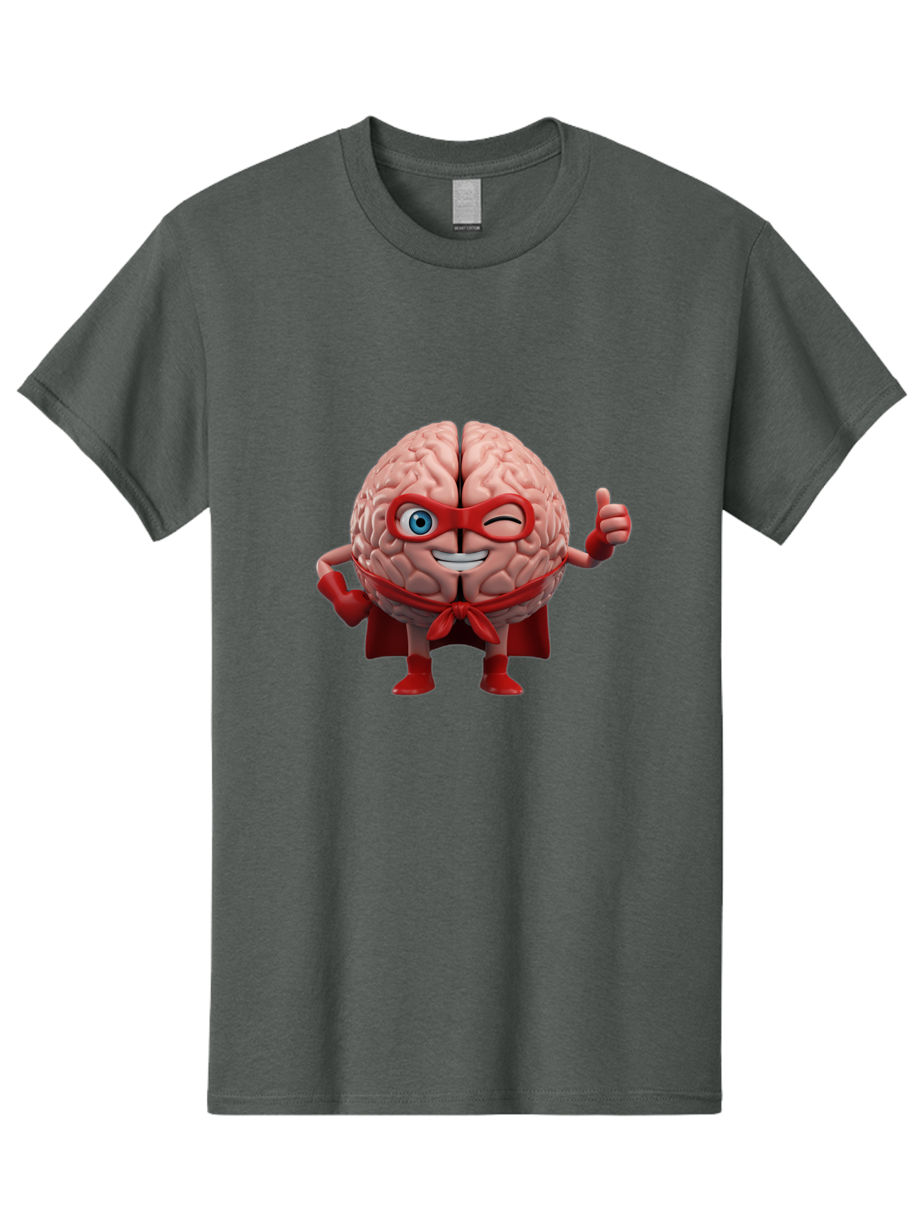 Brain-Superhero Men'S Graphic Tee, 100% Cotton, Comfortable Casual Summer Wear, Machine Washable, Cartoon Brain, Superhero Character, Comic Book Style, Flexing Muscles, Thumbs Up, Red Cape, Red Mask, Human Brain Illustration, Funny, Creative, Bae006