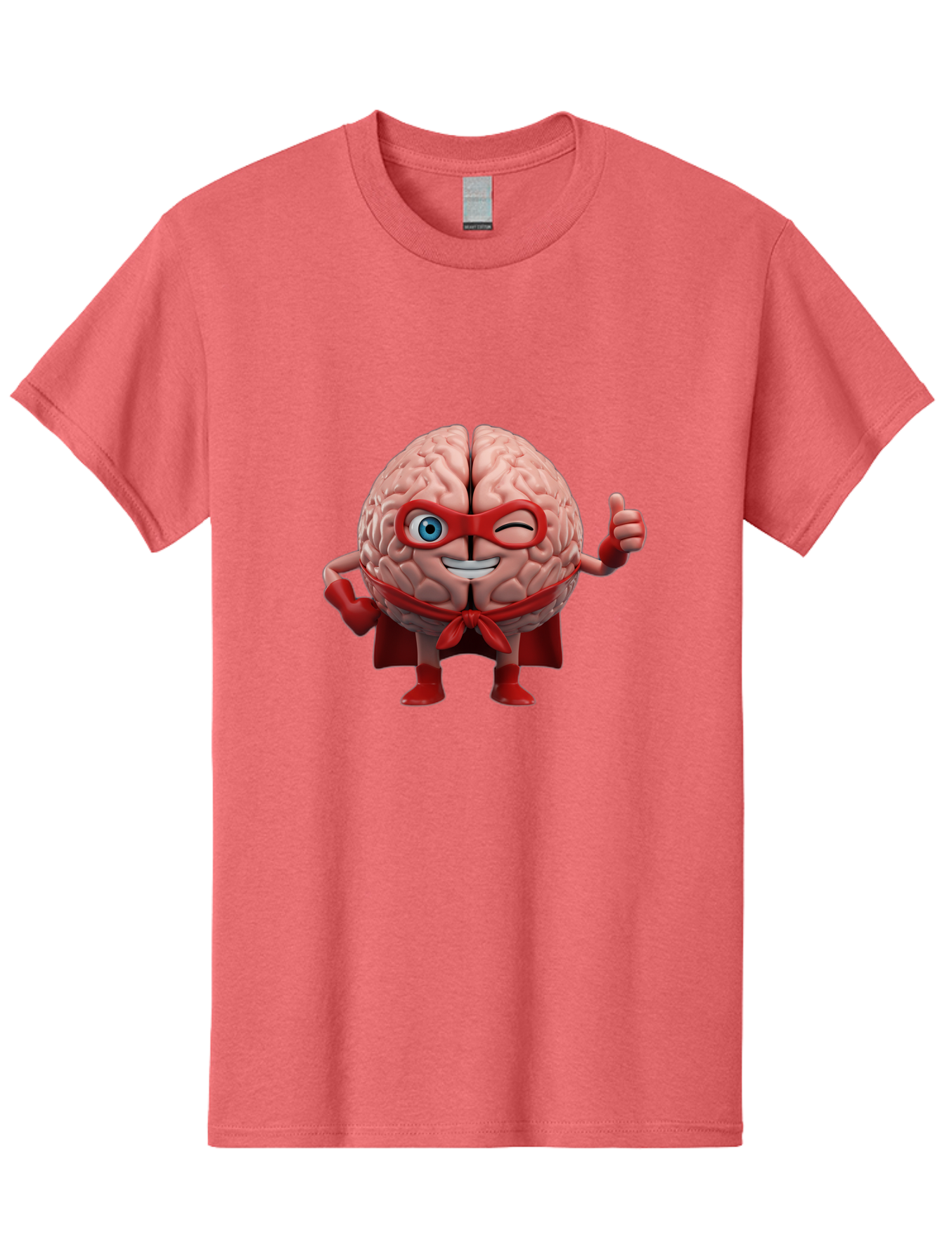 Brain-Superhero Men'S Graphic Tee, 100% Cotton, Comfortable Casual Summer Wear, Machine Washable, Cartoon Brain, Superhero Character, Comic Book Style, Flexing Muscles, Thumbs Up, Red Cape, Red Mask, Human Brain Illustration, Funny, Creative, Bae006