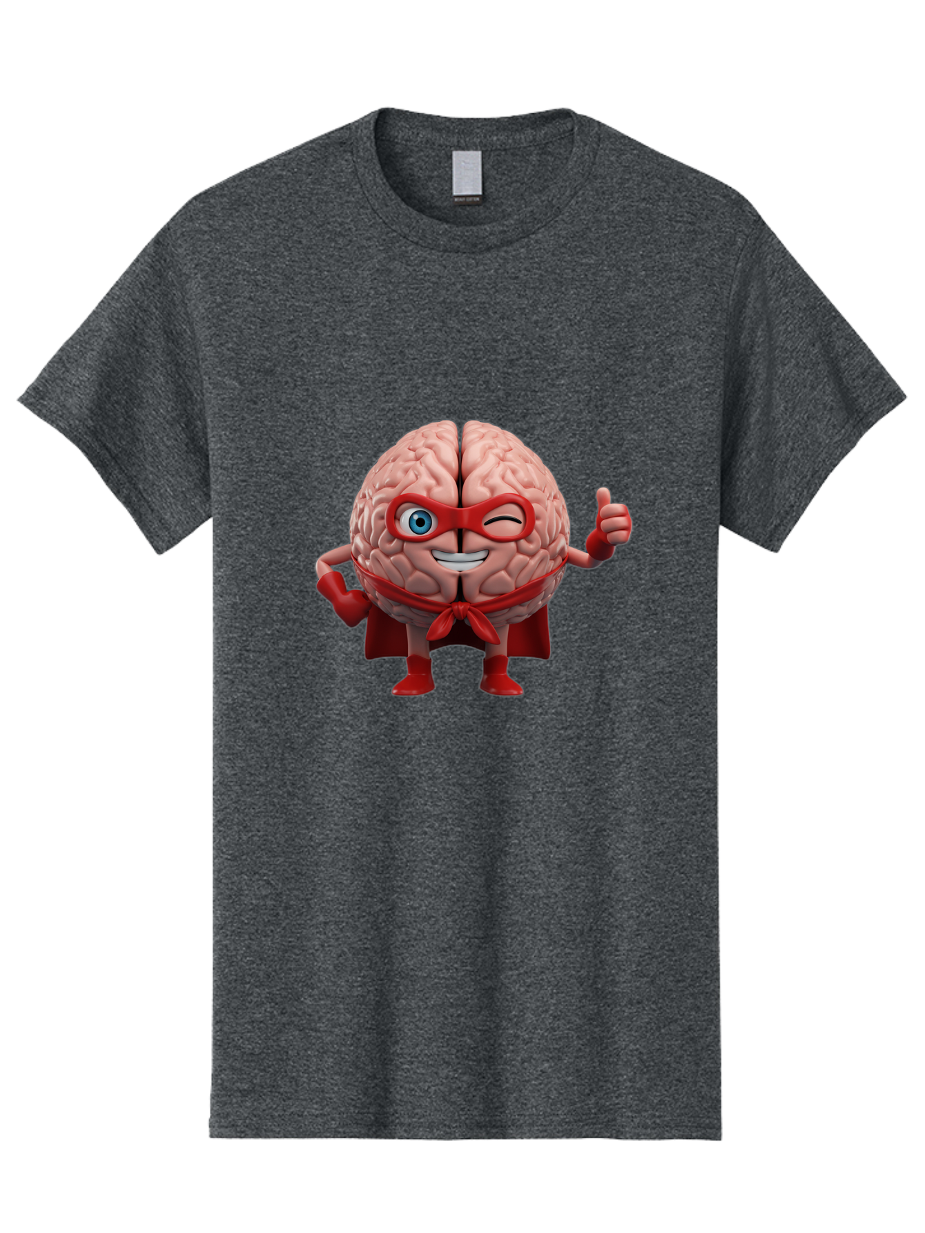 Brain-Superhero Men'S Graphic Tee, 100% Cotton, Comfortable Casual Summer Wear, Machine Washable, Cartoon Brain, Superhero Character, Comic Book Style, Flexing Muscles, Thumbs Up, Red Cape, Red Mask, Human Brain Illustration, Funny, Creative, Bae006