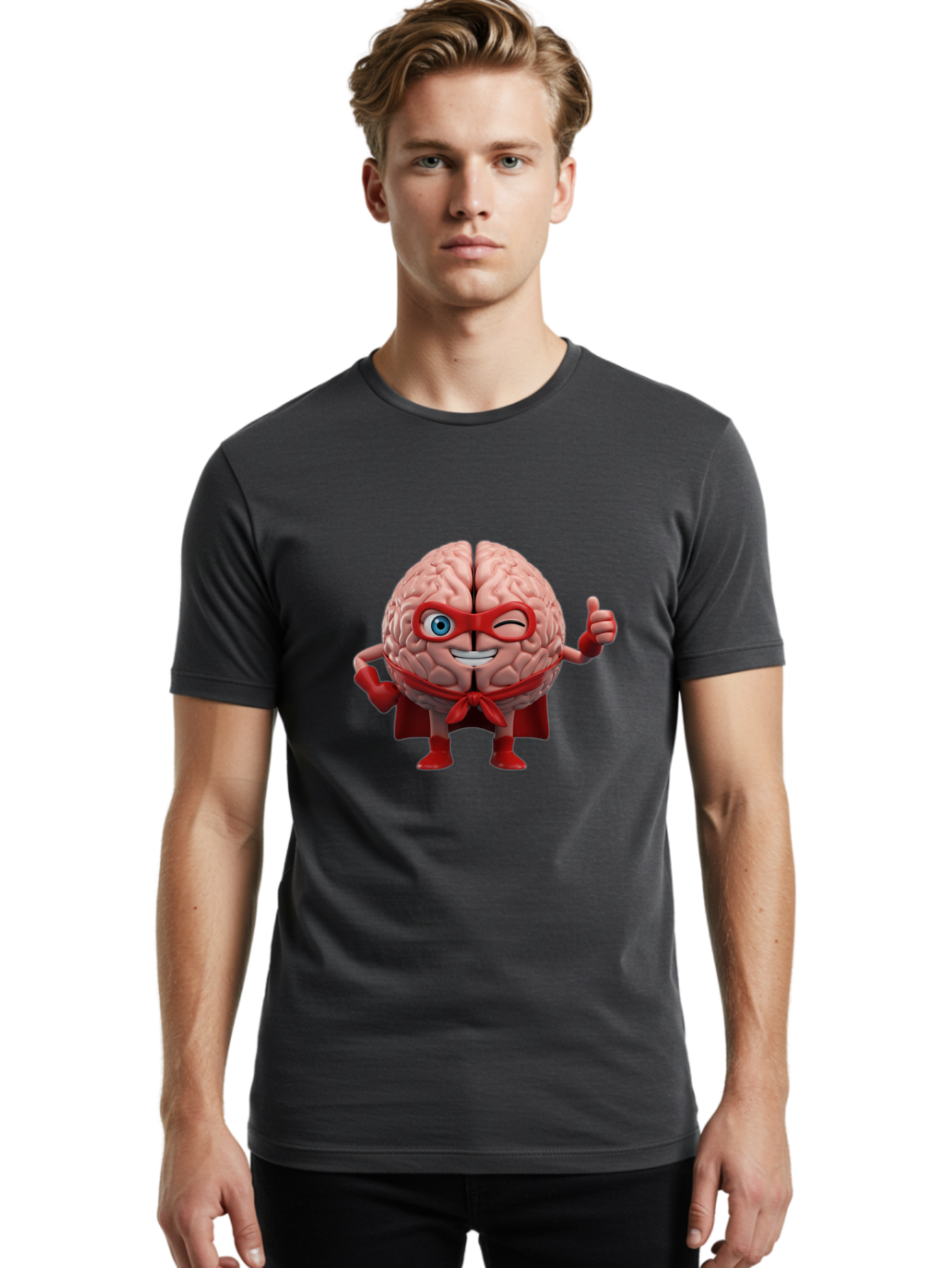 Brain-Superhero Men'S Graphic Tee, 100% Cotton, Comfortable Casual Summer Wear, Machine Washable, Cartoon Brain, Superhero Character, Comic Book Style, Flexing Muscles, Thumbs Up, Red Cape, Red Mask, Human Brain Illustration, Funny, Creative, Bae006