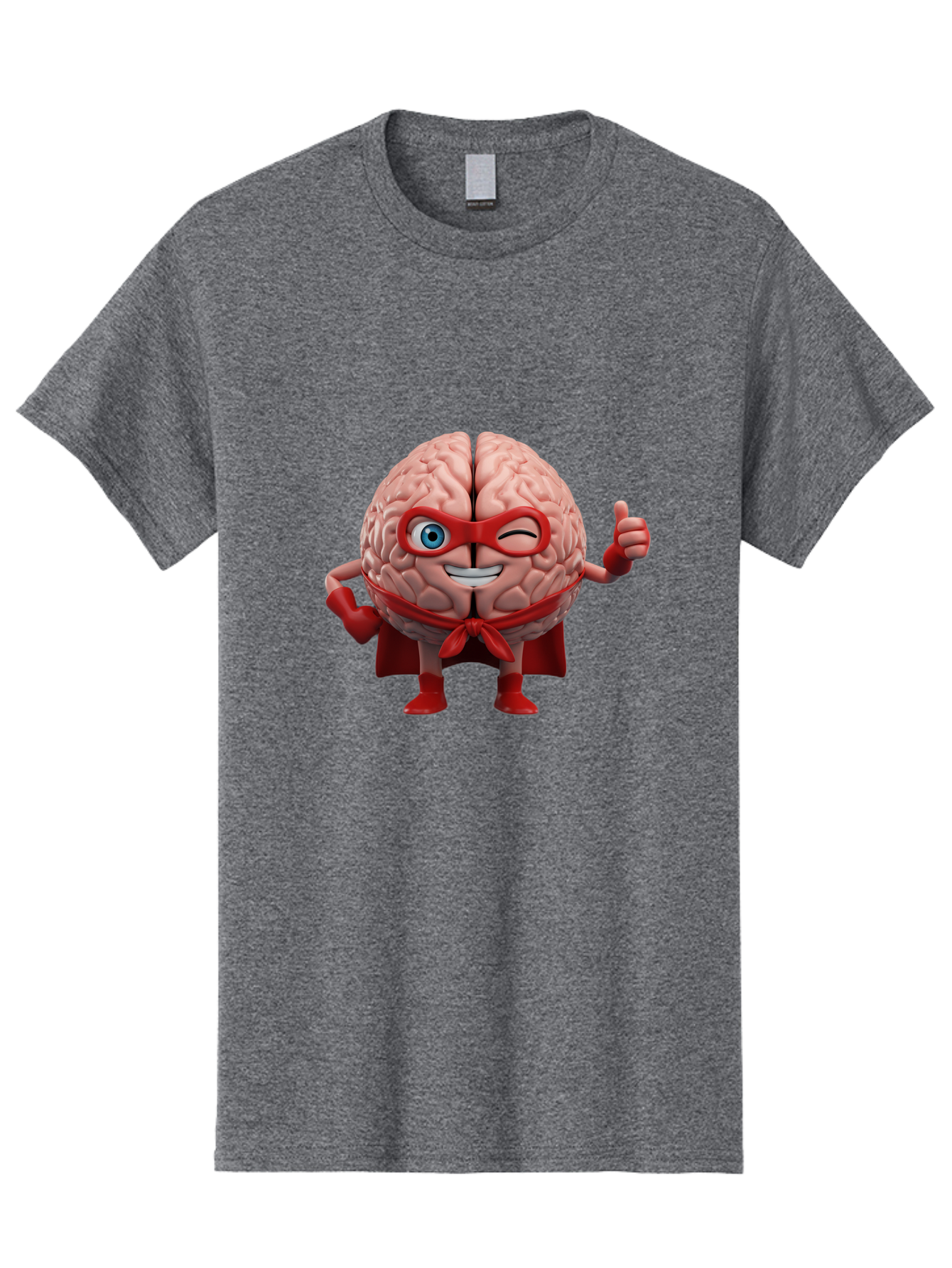 Brain-Superhero Men'S Graphic Tee, 100% Cotton, Comfortable Casual Summer Wear, Machine Washable, Cartoon Brain, Superhero Character, Comic Book Style, Flexing Muscles, Thumbs Up, Red Cape, Red Mask, Human Brain Illustration, Funny, Creative, Bae006