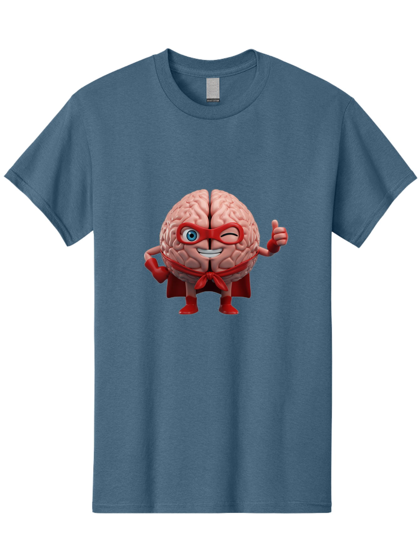 Brain-Superhero Men'S Graphic Tee, 100% Cotton, Comfortable Casual Summer Wear, Machine Washable, Cartoon Brain, Superhero Character, Comic Book Style, Flexing Muscles, Thumbs Up, Red Cape, Red Mask, Human Brain Illustration, Funny, Creative, Bae006