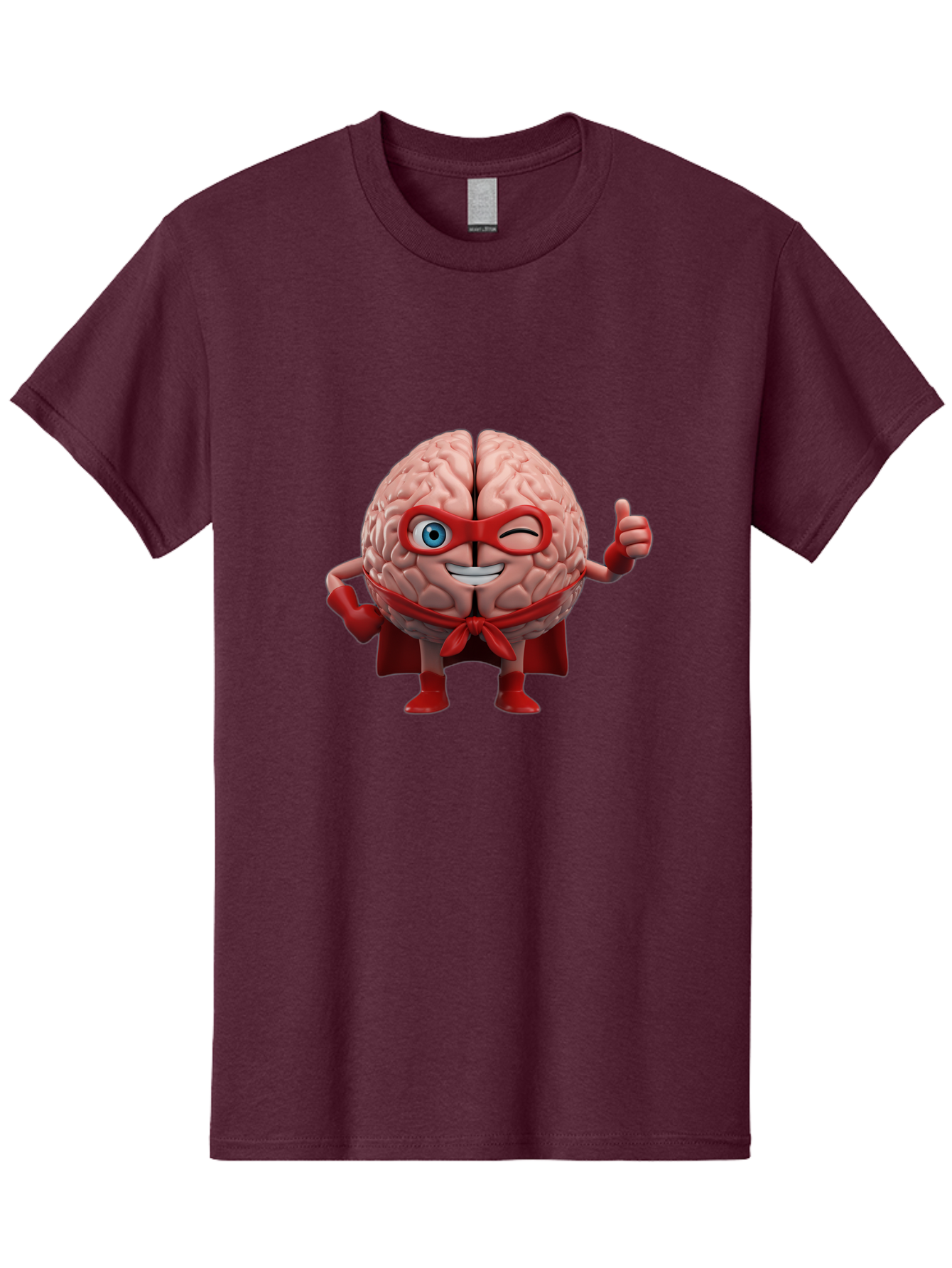 Brain-Superhero Men'S Graphic Tee, 100% Cotton, Comfortable Casual Summer Wear, Machine Washable, Cartoon Brain, Superhero Character, Comic Book Style, Flexing Muscles, Thumbs Up, Red Cape, Red Mask, Human Brain Illustration, Funny, Creative, Bae006