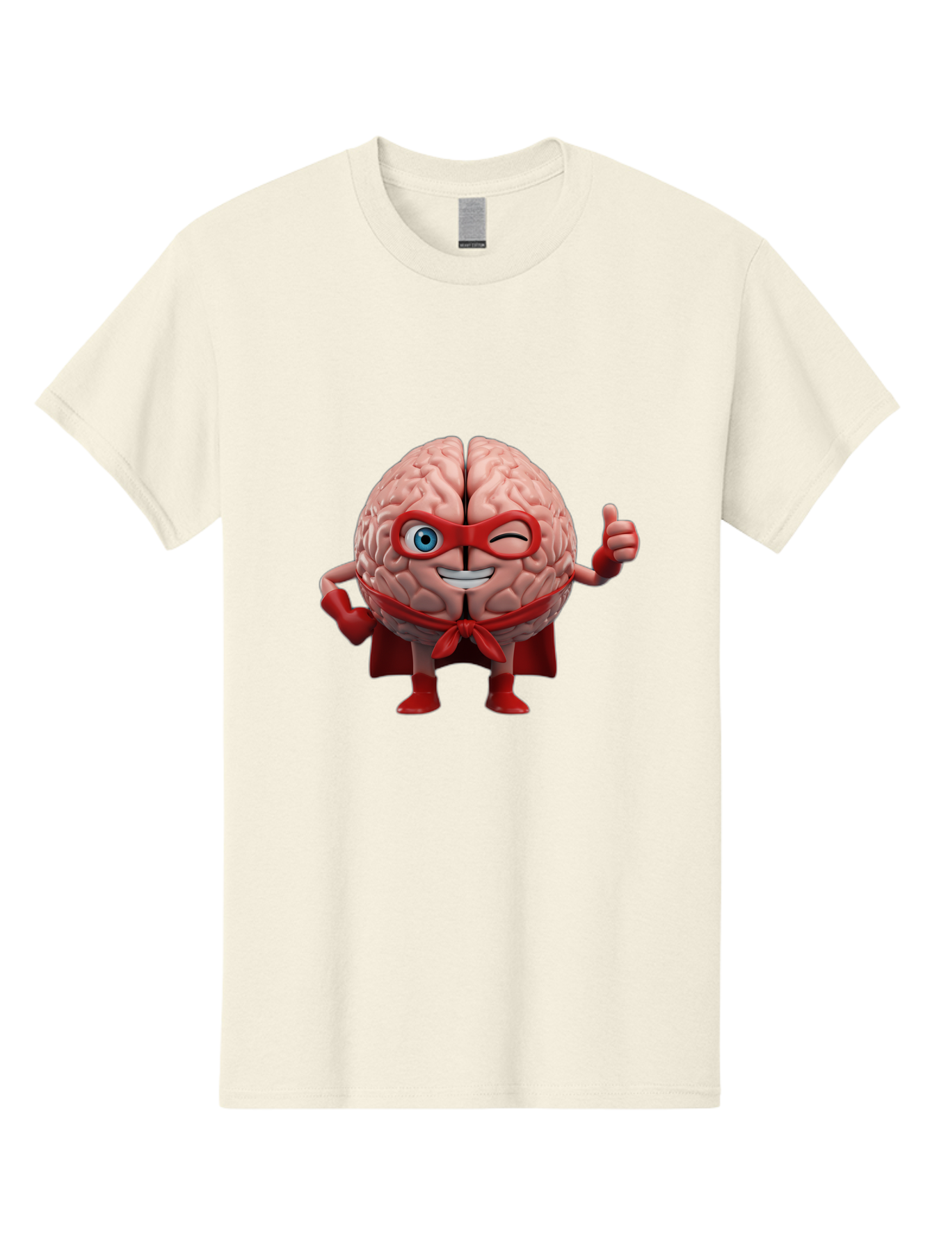 Brain-Superhero Men'S Graphic Tee, 100% Cotton, Comfortable Casual Summer Wear, Machine Washable, Cartoon Brain, Superhero Character, Comic Book Style, Flexing Muscles, Thumbs Up, Red Cape, Red Mask, Human Brain Illustration, Funny, Creative, Bae006