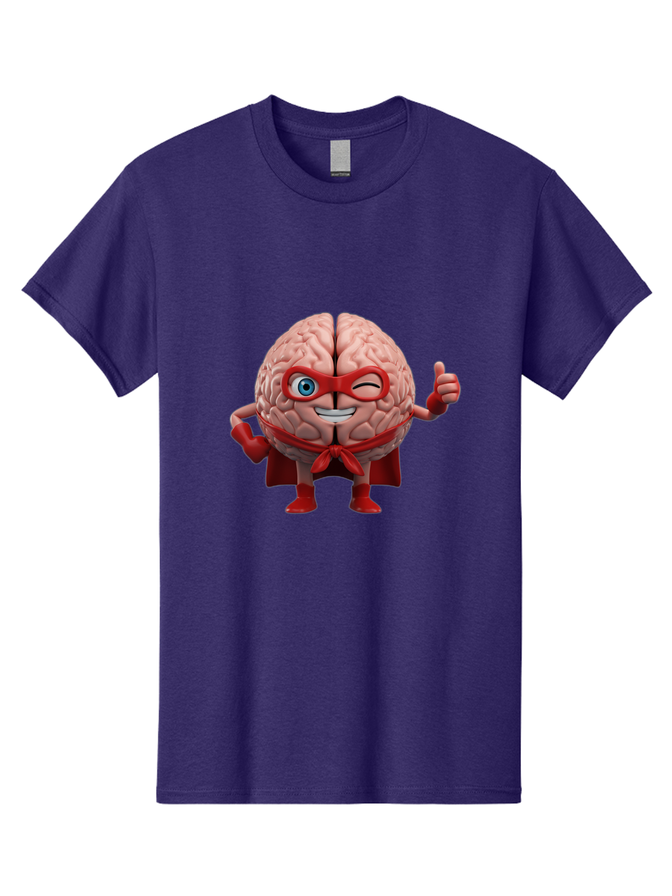 Brain-Superhero Men'S Graphic Tee, 100% Cotton, Comfortable Casual Summer Wear, Machine Washable, Cartoon Brain, Superhero Character, Comic Book Style, Flexing Muscles, Thumbs Up, Red Cape, Red Mask, Human Brain Illustration, Funny, Creative, Bae006