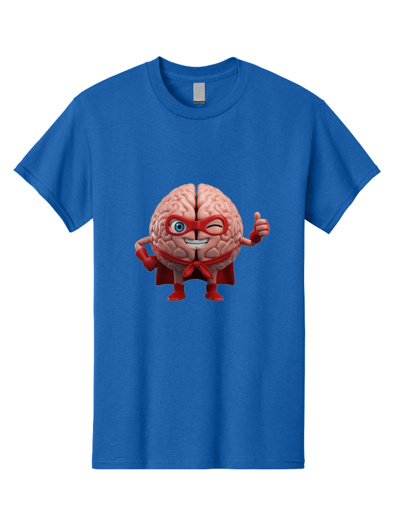 Brain-Superhero Men'S Graphic Tee, 100% Cotton, Comfortable Casual Summer Wear, Machine Washable, Cartoon Brain, Superhero Character, Comic Book Style, Flexing Muscles, Thumbs Up, Red Cape, Red Mask, Human Brain Illustration, Funny, Creative, Bae006