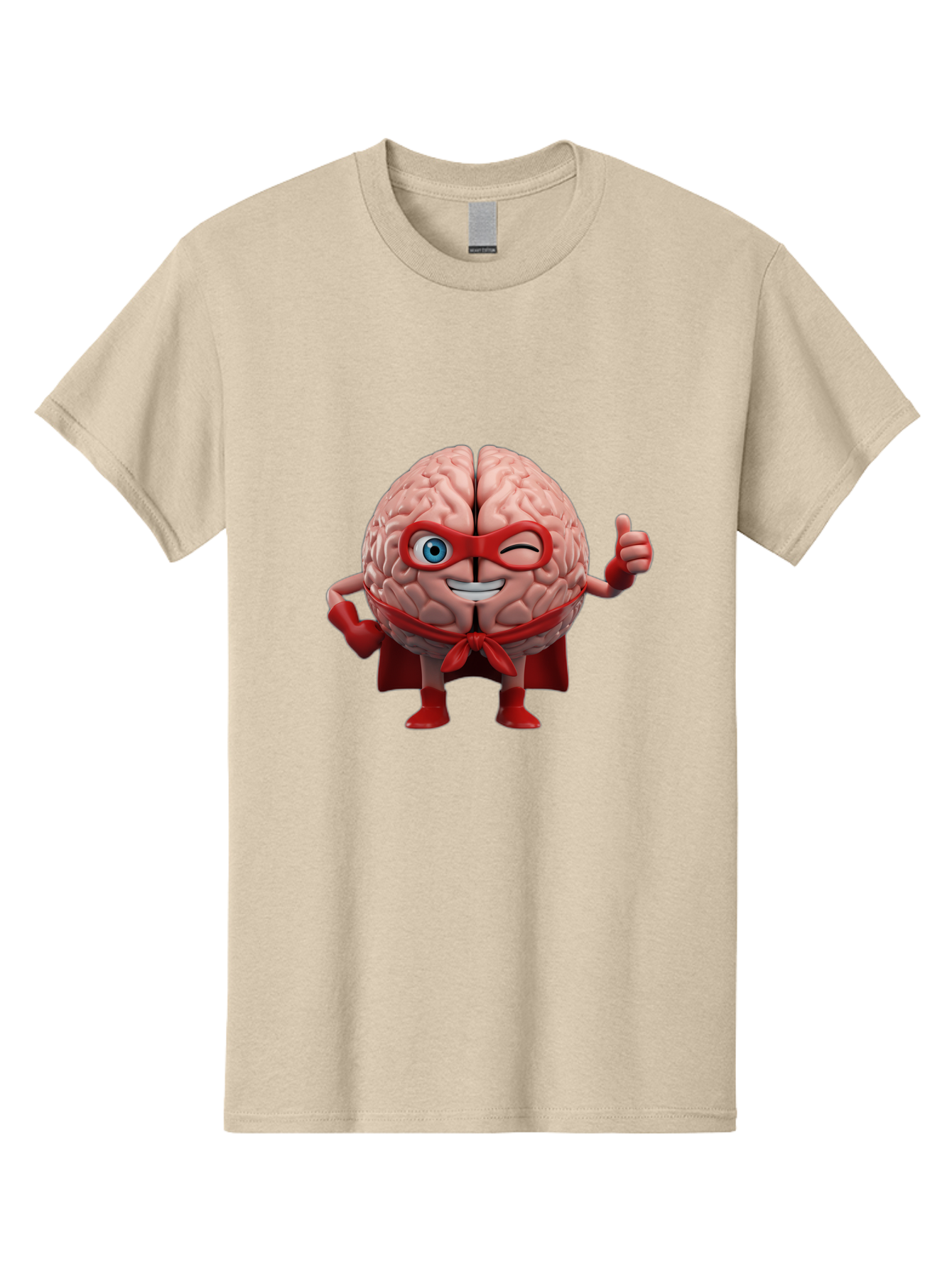 Brain-Superhero Men'S Graphic Tee, 100% Cotton, Comfortable Casual Summer Wear, Machine Washable, Cartoon Brain, Superhero Character, Comic Book Style, Flexing Muscles, Thumbs Up, Red Cape, Red Mask, Human Brain Illustration, Funny, Creative, Bae006