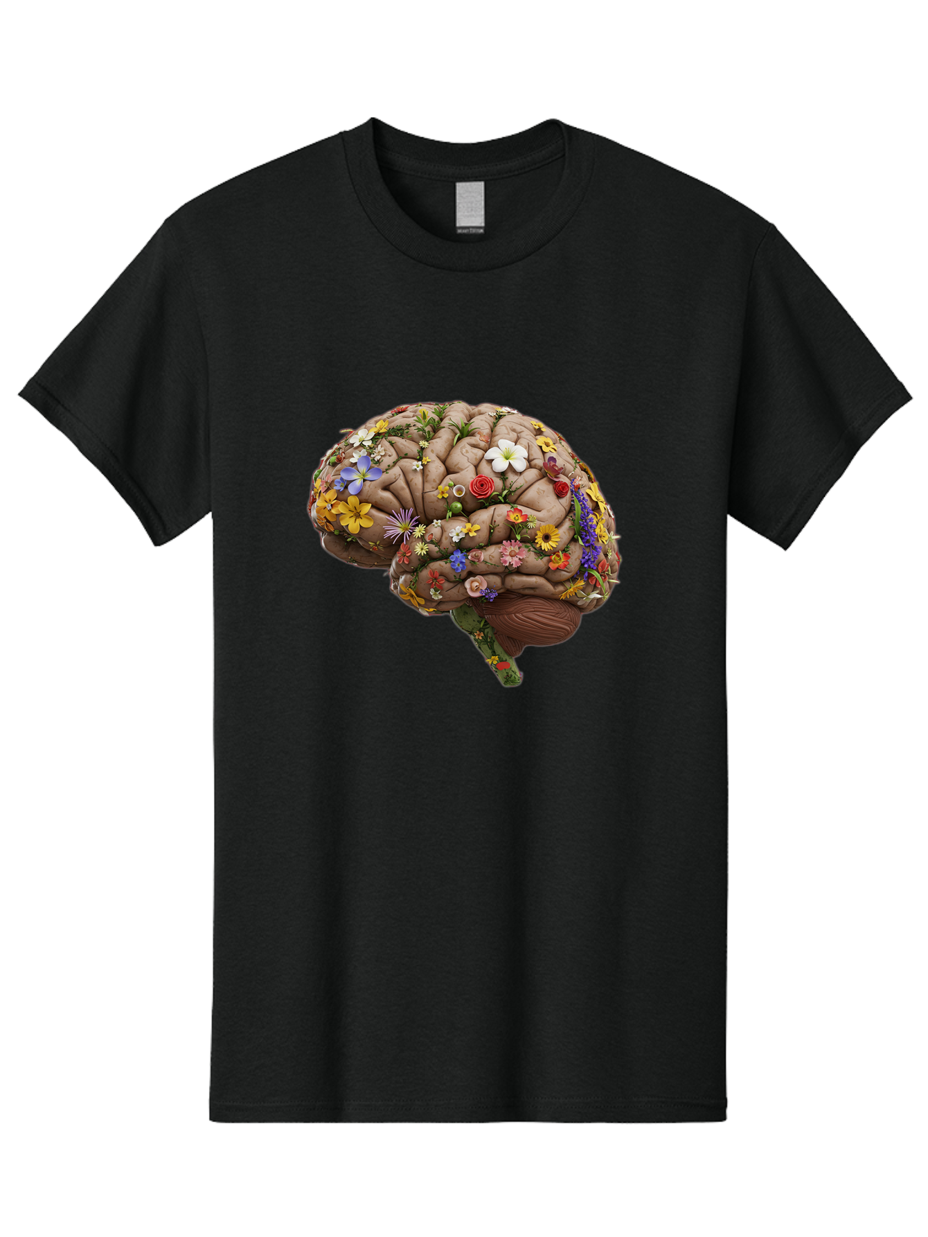 Brain-With-Flowers Men'S Graphic Tee, 100% Cotton, Comfortable Casual Summer Wear, Machine Washable, Human Brain, Flowers Blooming, Creative Thinking, Mental Health, Wellness, Vibrant Colors, Floral Arrangement, Positive Vibes, Brain Power, Bae007