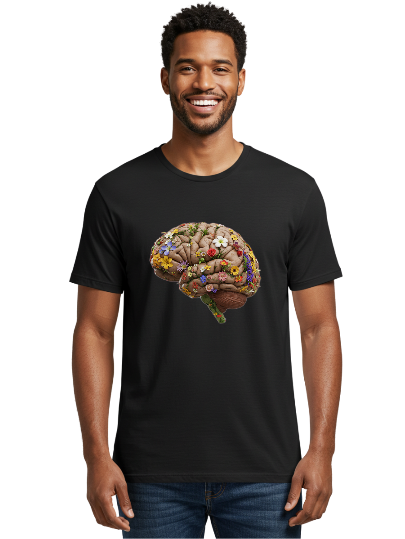 Brain-With-Flowers Men'S Graphic Tee, 100% Cotton, Comfortable Casual Summer Wear, Machine Washable, Human Brain, Flowers Blooming, Creative Thinking, Mental Health, Wellness, Vibrant Colors, Floral Arrangement, Positive Vibes, Brain Power, Bae007
