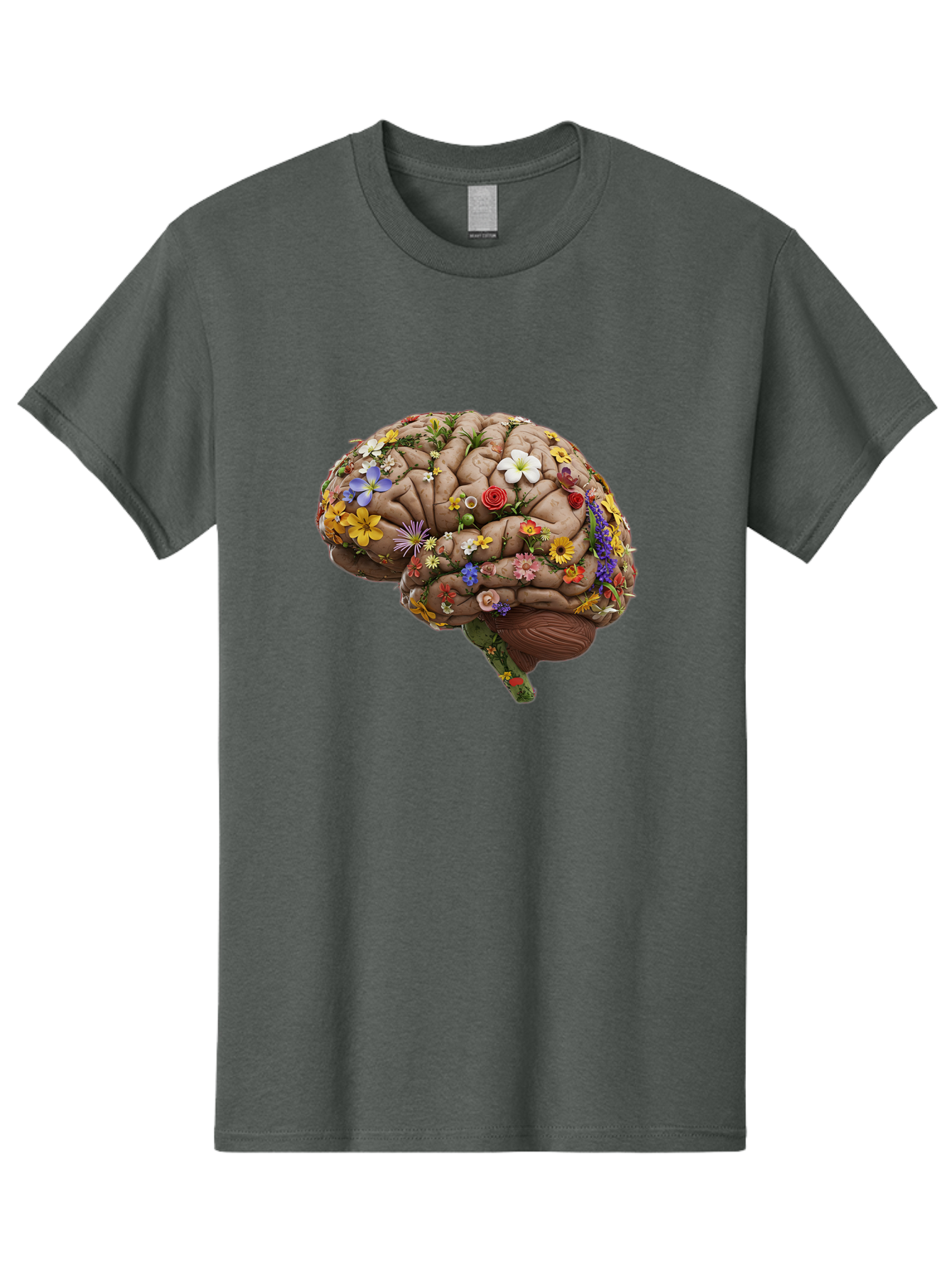Brain-With-Flowers Men'S Graphic Tee, 100% Cotton, Comfortable Casual Summer Wear, Machine Washable, Human Brain, Flowers Blooming, Creative Thinking, Mental Health, Wellness, Vibrant Colors, Floral Arrangement, Positive Vibes, Brain Power, Bae007