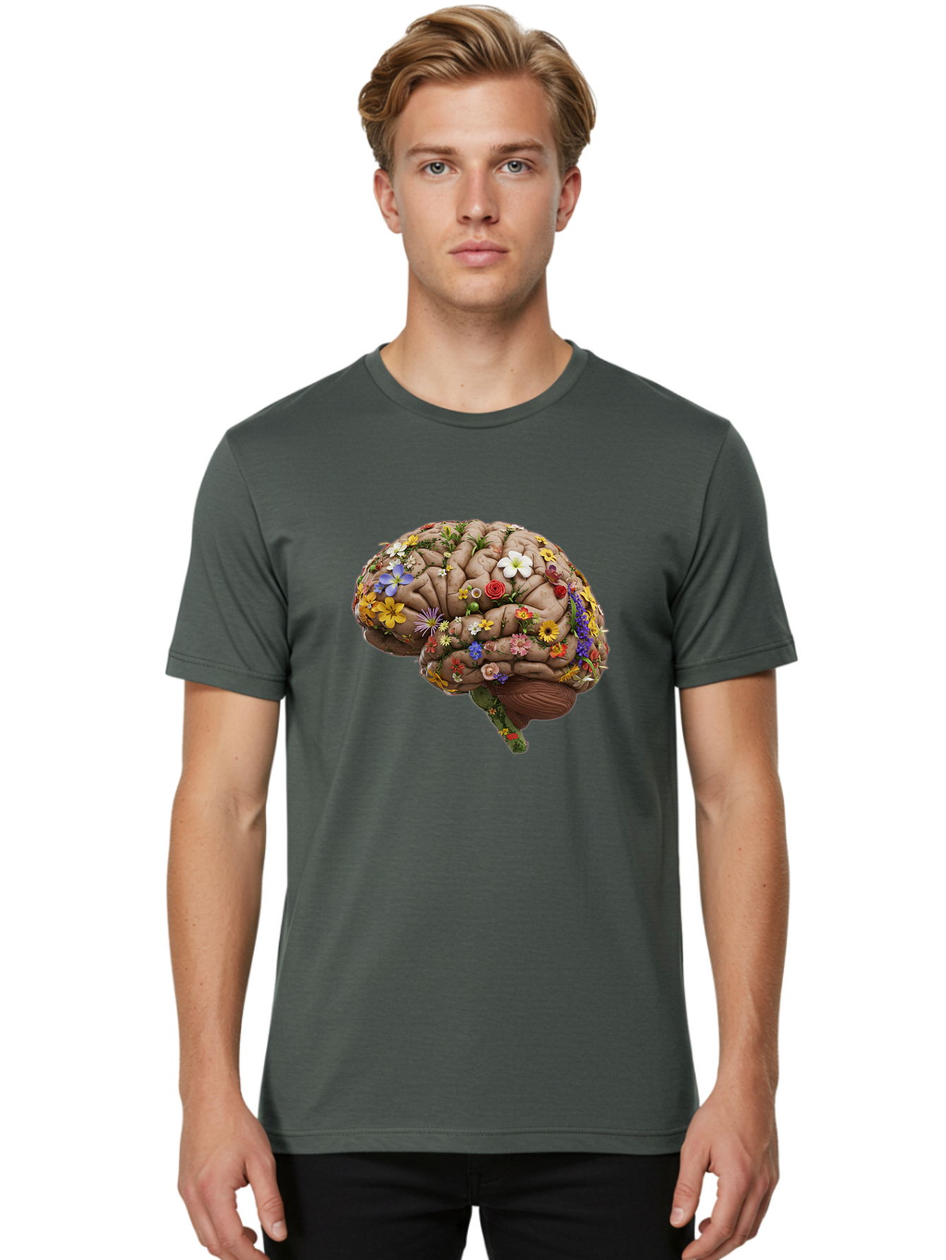 Brain-With-Flowers Men'S Graphic Tee, 100% Cotton, Comfortable Casual Summer Wear, Machine Washable, Human Brain, Flowers Blooming, Creative Thinking, Mental Health, Wellness, Vibrant Colors, Floral Arrangement, Positive Vibes, Brain Power, Bae007