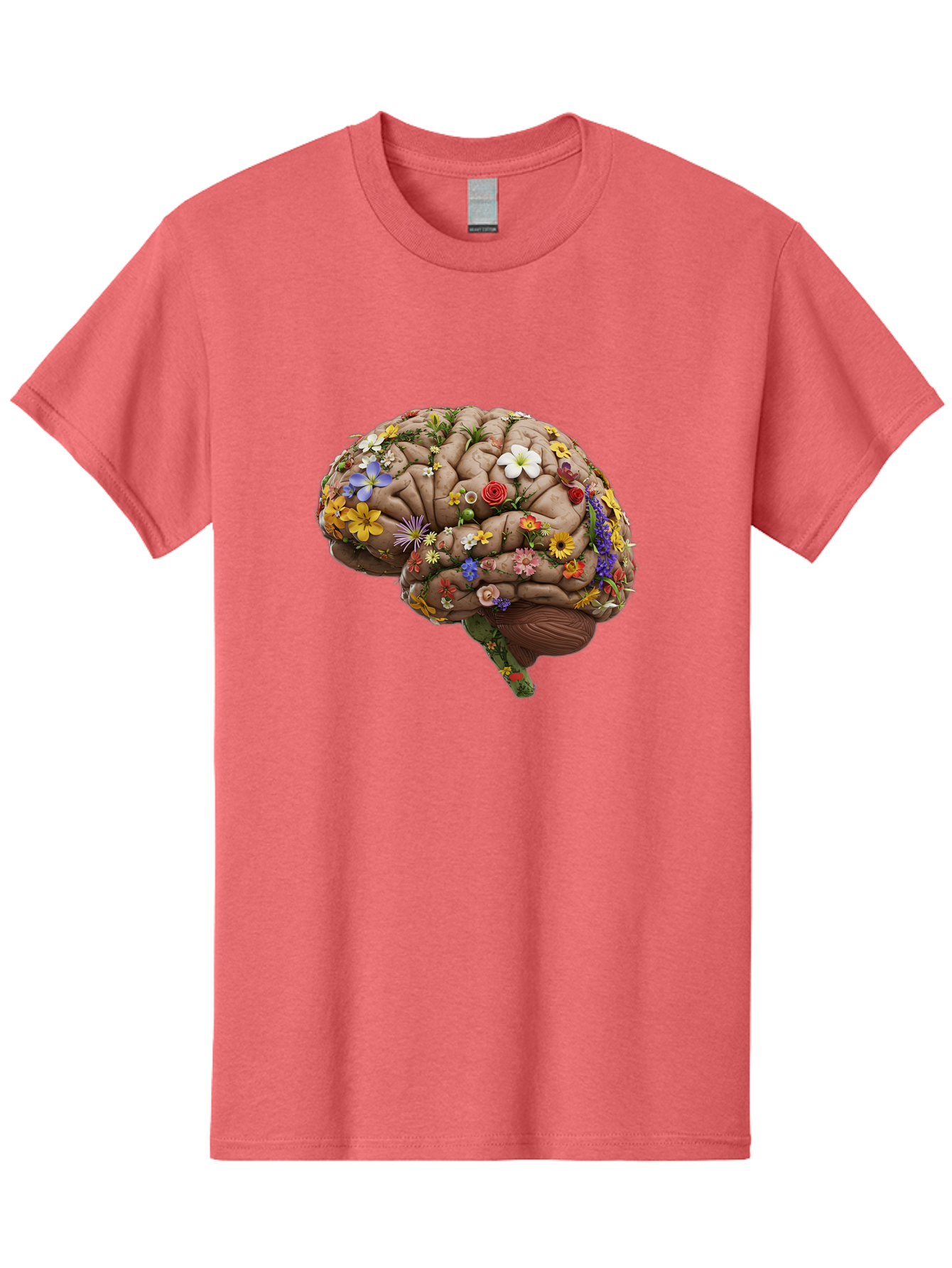 Brain-With-Flowers Men'S Graphic Tee, 100% Cotton, Comfortable Casual Summer Wear, Machine Washable, Human Brain, Flowers Blooming, Creative Thinking, Mental Health, Wellness, Vibrant Colors, Floral Arrangement, Positive Vibes, Brain Power, Bae007