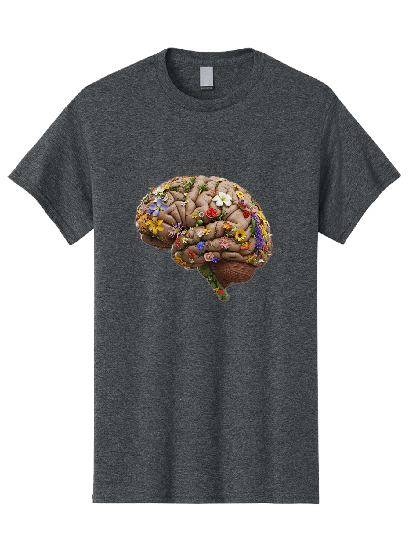 Brain-With-Flowers Men'S Graphic Tee, 100% Cotton, Comfortable Casual Summer Wear, Machine Washable, Human Brain, Flowers Blooming, Creative Thinking, Mental Health, Wellness, Vibrant Colors, Floral Arrangement, Positive Vibes, Brain Power, Bae007