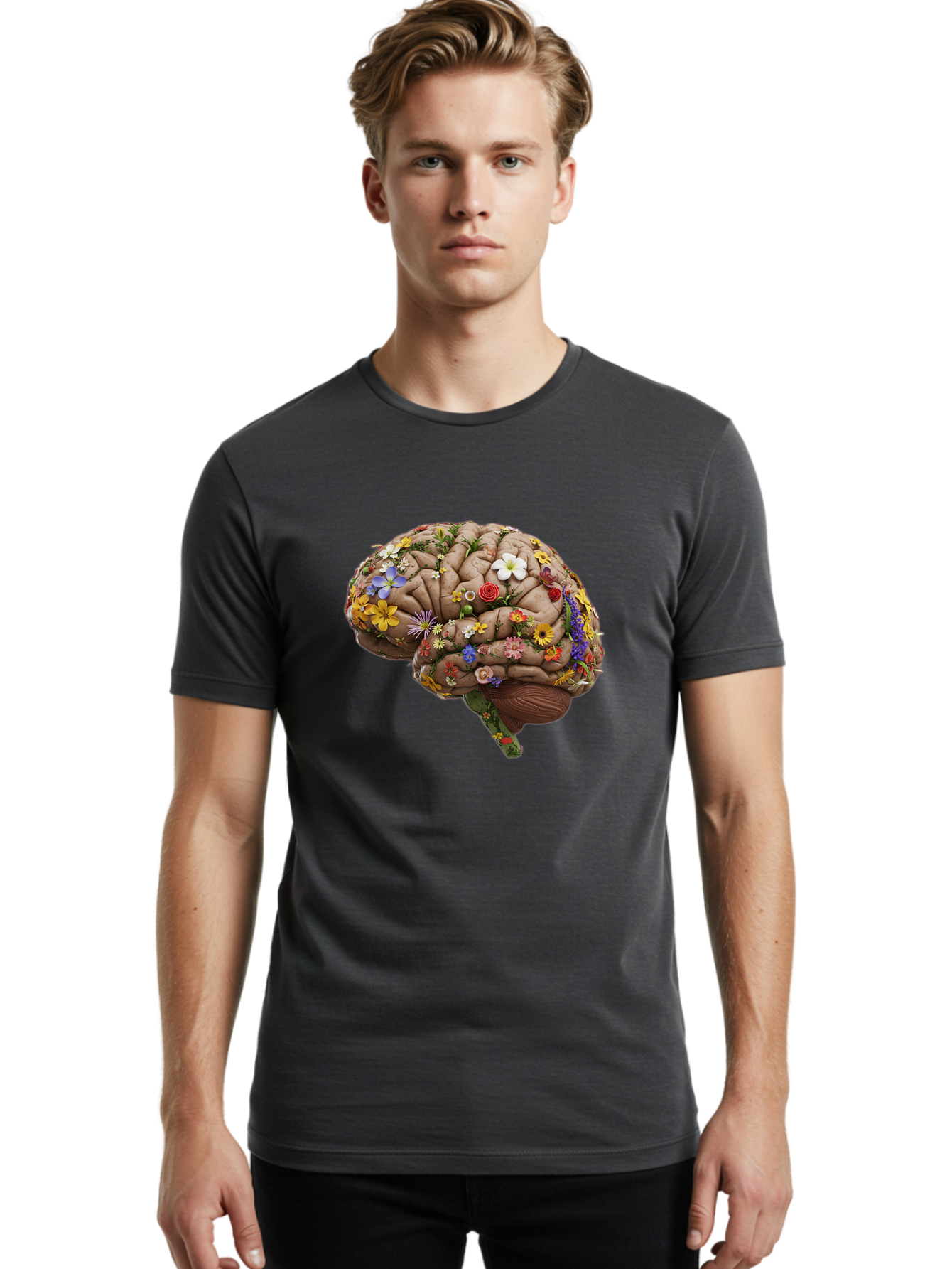 Brain-With-Flowers Men'S Graphic Tee, 100% Cotton, Comfortable Casual Summer Wear, Machine Washable, Human Brain, Flowers Blooming, Creative Thinking, Mental Health, Wellness, Vibrant Colors, Floral Arrangement, Positive Vibes, Brain Power, Bae007