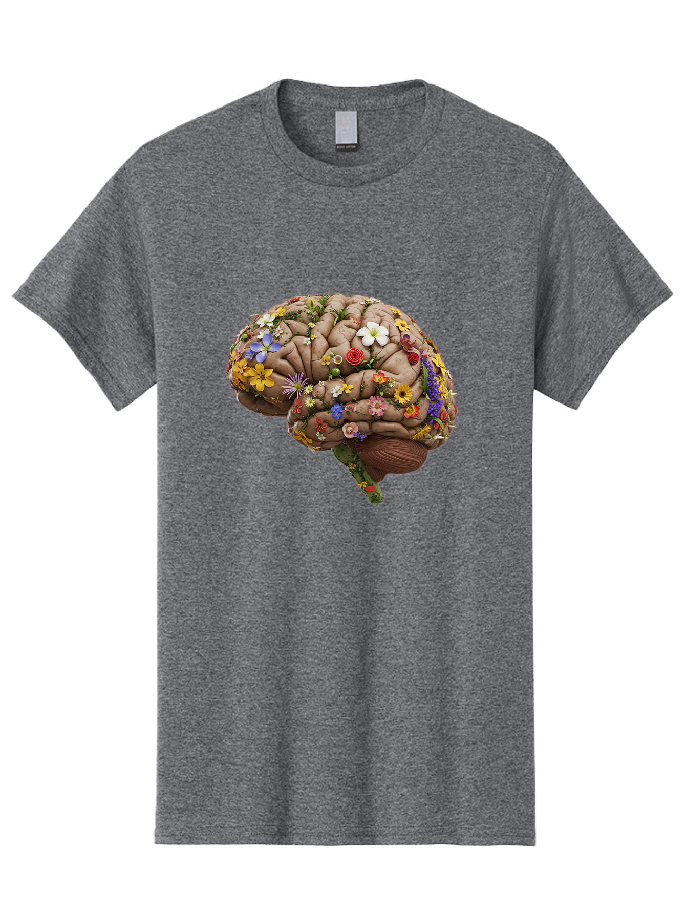 Brain-With-Flowers Men'S Graphic Tee, 100% Cotton, Comfortable Casual Summer Wear, Machine Washable, Human Brain, Flowers Blooming, Creative Thinking, Mental Health, Wellness, Vibrant Colors, Floral Arrangement, Positive Vibes, Brain Power, Bae007