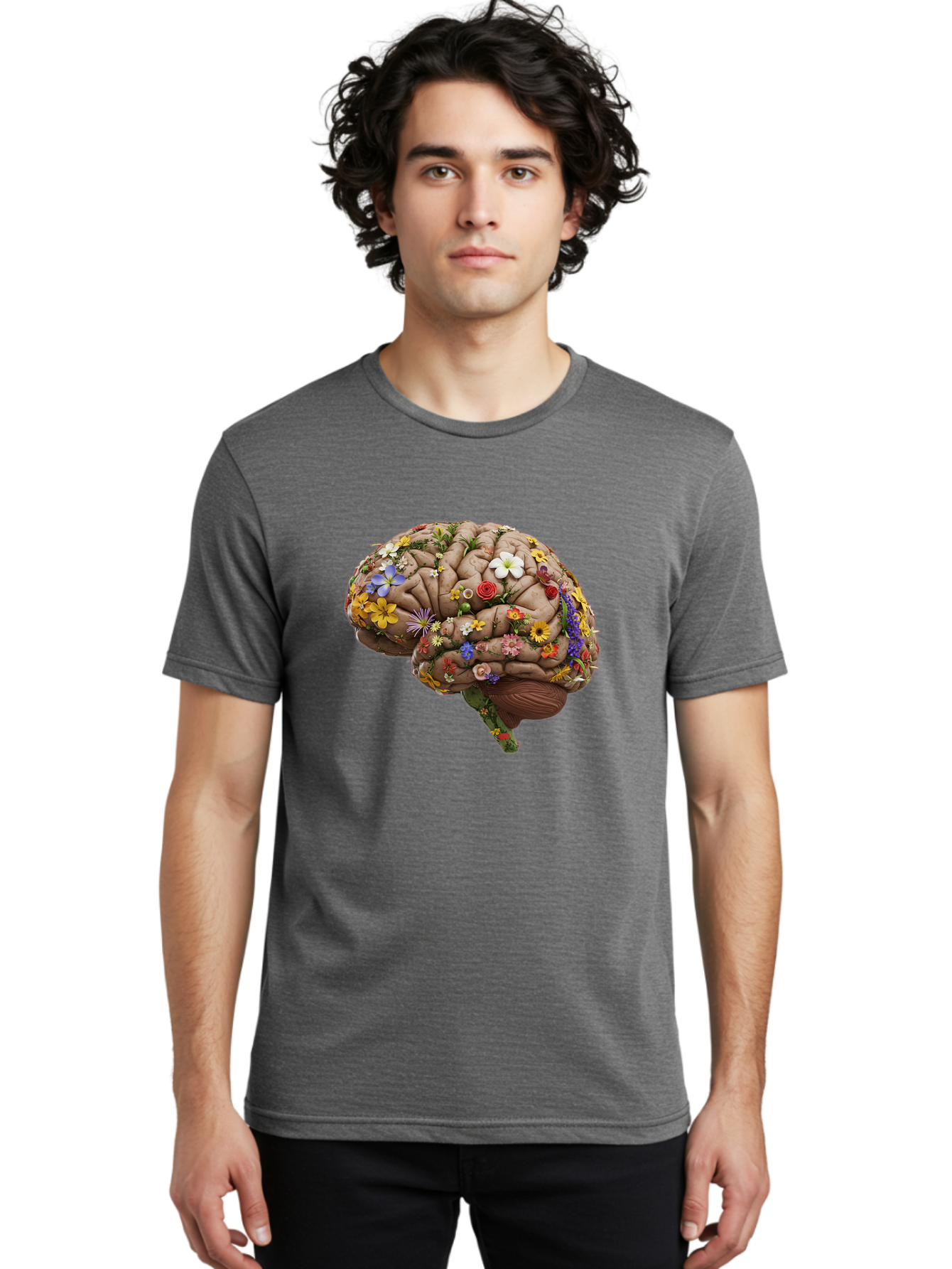 Brain-With-Flowers Men'S Graphic Tee, 100% Cotton, Comfortable Casual Summer Wear, Machine Washable, Human Brain, Flowers Blooming, Creative Thinking, Mental Health, Wellness, Vibrant Colors, Floral Arrangement, Positive Vibes, Brain Power, Bae007