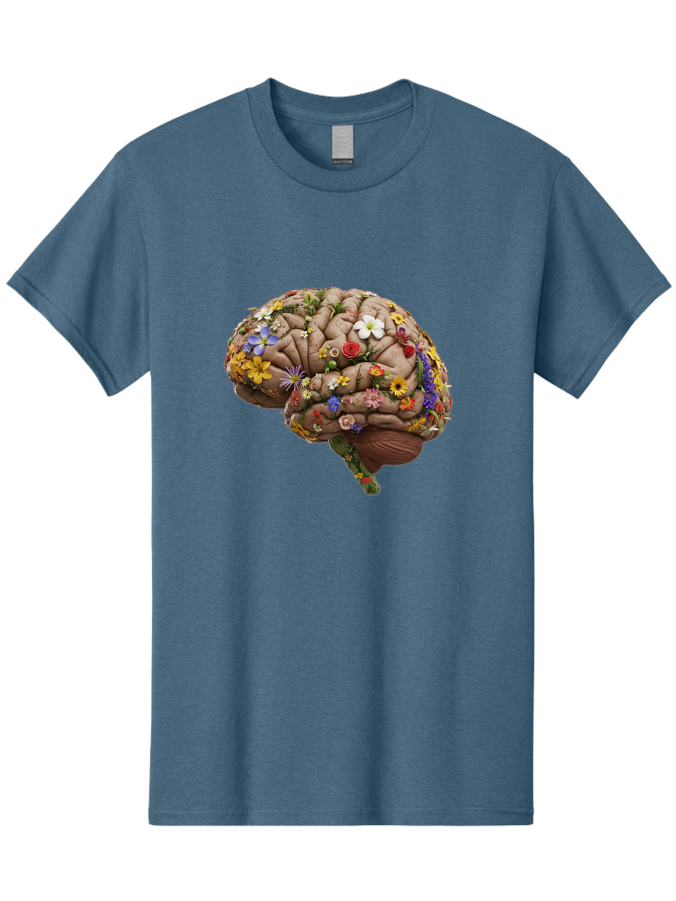 Brain-With-Flowers Men'S Graphic Tee, 100% Cotton, Comfortable Casual Summer Wear, Machine Washable, Human Brain, Flowers Blooming, Creative Thinking, Mental Health, Wellness, Vibrant Colors, Floral Arrangement, Positive Vibes, Brain Power, Bae007