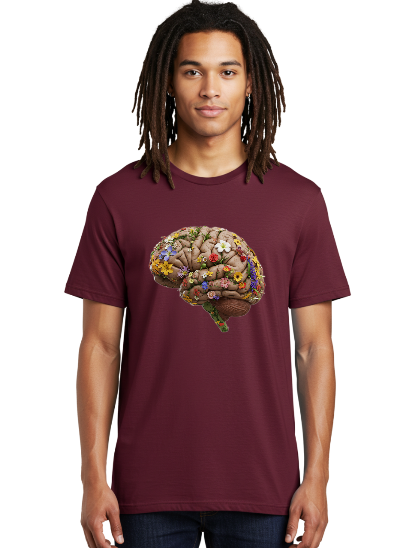 Brain-With-Flowers Men'S Graphic Tee, 100% Cotton, Comfortable Casual Summer Wear, Machine Washable, Human Brain, Flowers Blooming, Creative Thinking, Mental Health, Wellness, Vibrant Colors, Floral Arrangement, Positive Vibes, Brain Power, Bae007