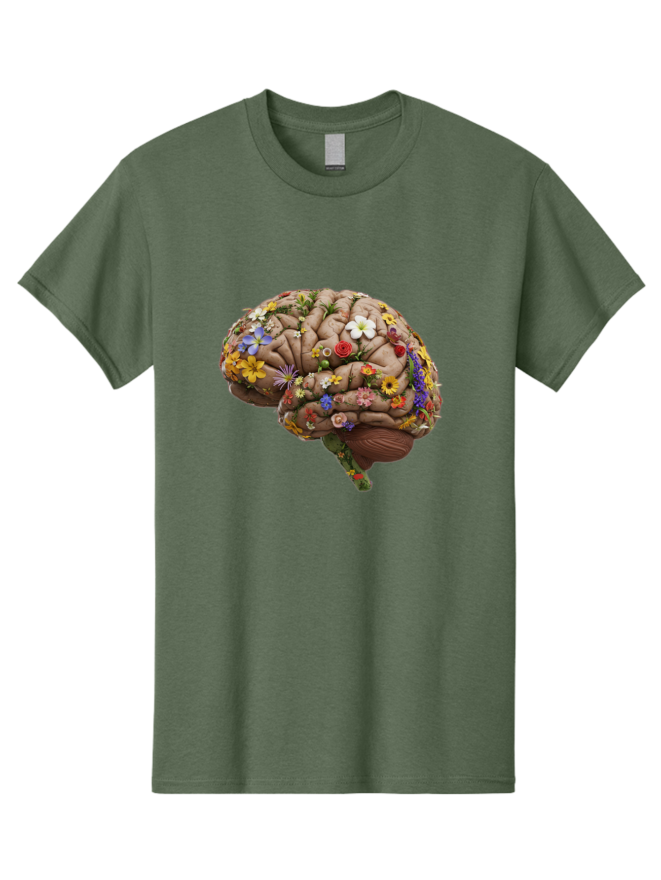 Brain-With-Flowers Men'S Graphic Tee, 100% Cotton, Comfortable Casual Summer Wear, Machine Washable, Human Brain, Flowers Blooming, Creative Thinking, Mental Health, Wellness, Vibrant Colors, Floral Arrangement, Positive Vibes, Brain Power, Bae007