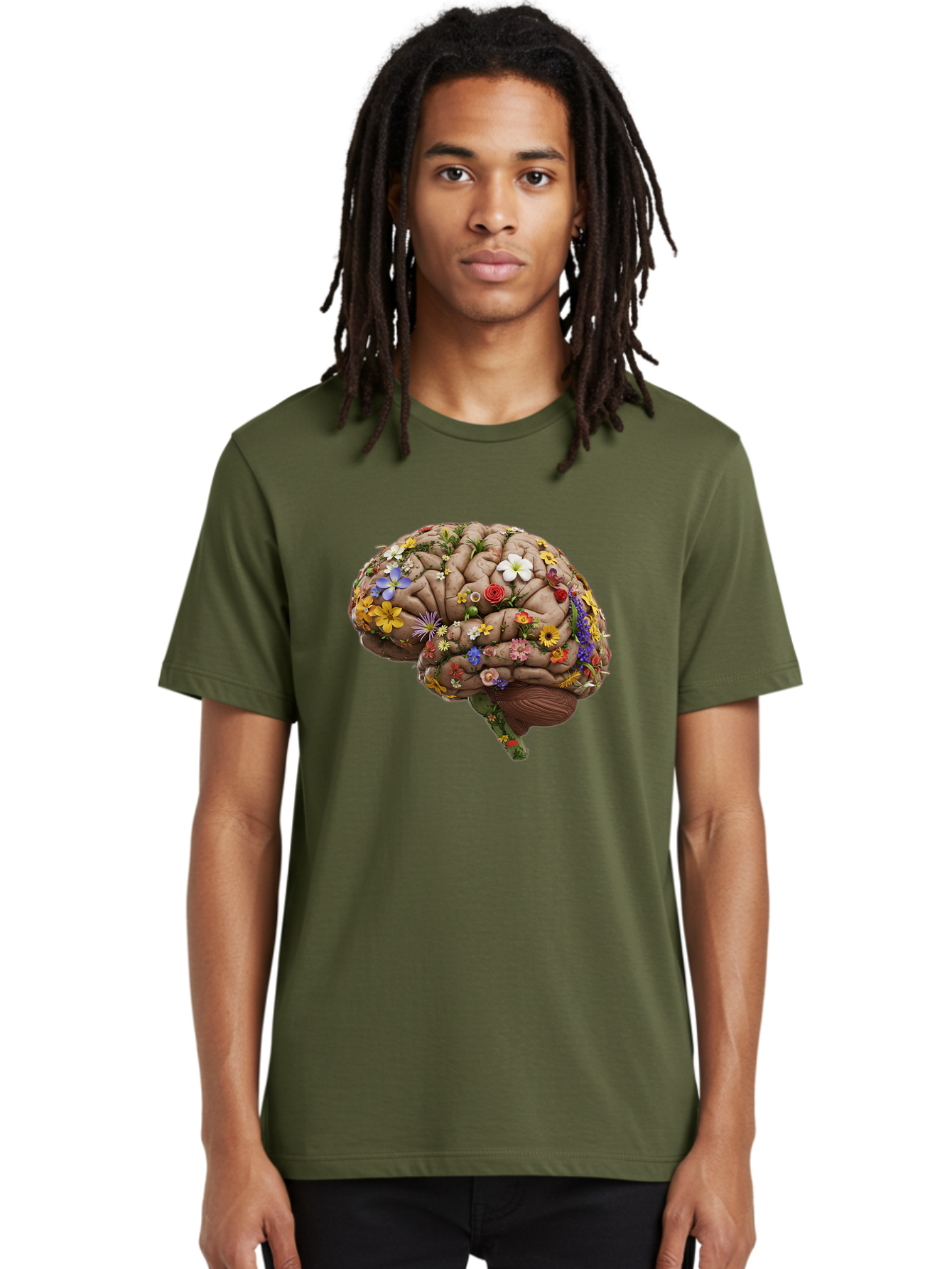 Brain-With-Flowers Men'S Graphic Tee, 100% Cotton, Comfortable Casual Summer Wear, Machine Washable, Human Brain, Flowers Blooming, Creative Thinking, Mental Health, Wellness, Vibrant Colors, Floral Arrangement, Positive Vibes, Brain Power, Bae007