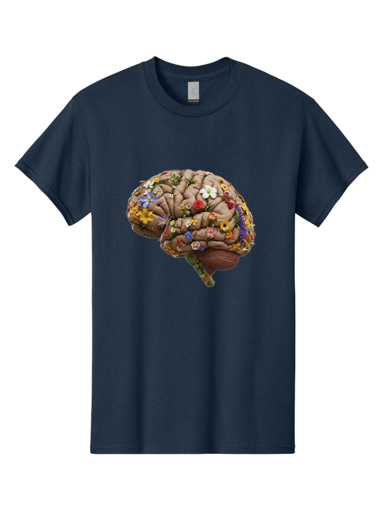 Brain-With-Flowers Men'S Graphic Tee, 100% Cotton, Comfortable Casual Summer Wear, Machine Washable, Human Brain, Flowers Blooming, Creative Thinking, Mental Health, Wellness, Vibrant Colors, Floral Arrangement, Positive Vibes, Brain Power, Bae007