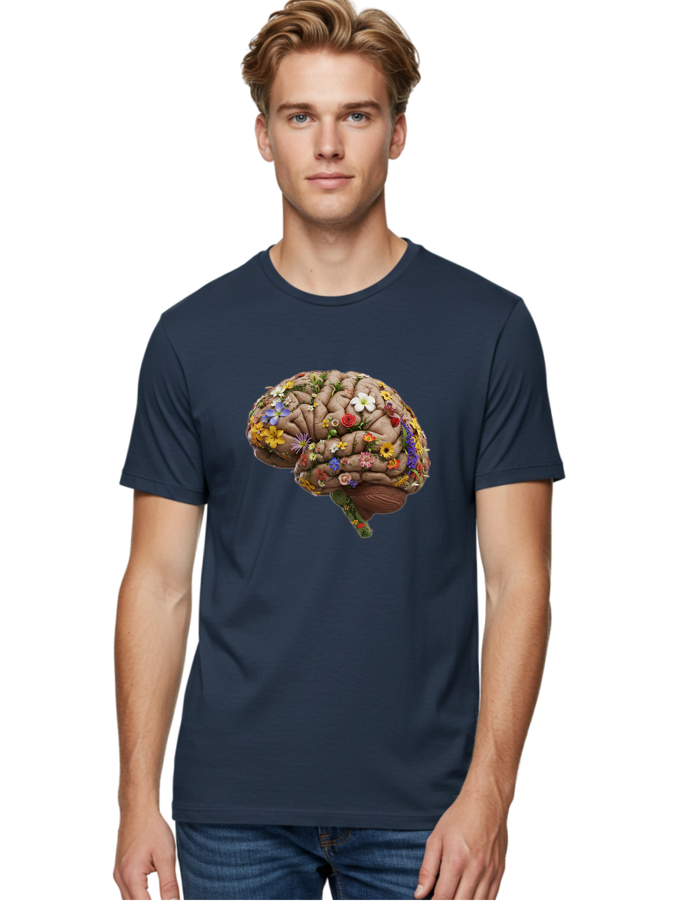 Brain-With-Flowers Men'S Graphic Tee, 100% Cotton, Comfortable Casual Summer Wear, Machine Washable, Human Brain, Flowers Blooming, Creative Thinking, Mental Health, Wellness, Vibrant Colors, Floral Arrangement, Positive Vibes, Brain Power, Bae007