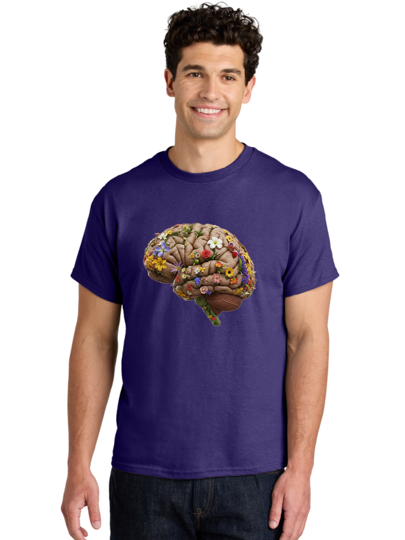 Brain-With-Flowers Men'S Graphic Tee, 100% Cotton, Comfortable Casual Summer Wear, Machine Washable, Human Brain, Flowers Blooming, Creative Thinking, Mental Health, Wellness, Vibrant Colors, Floral Arrangement, Positive Vibes, Brain Power, Bae007