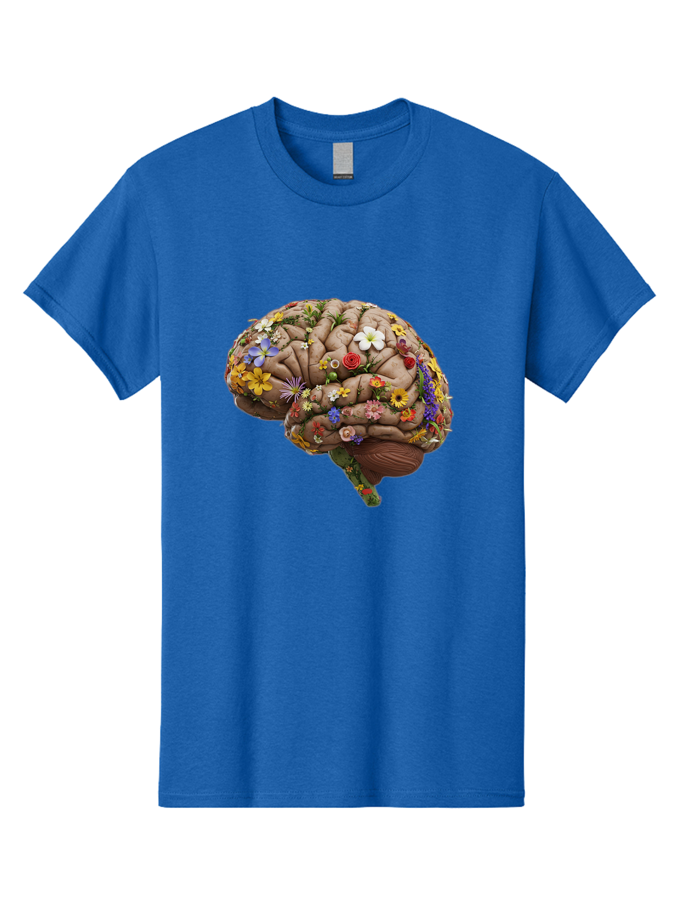 Brain-With-Flowers Men'S Graphic Tee, 100% Cotton, Comfortable Casual Summer Wear, Machine Washable, Human Brain, Flowers Blooming, Creative Thinking, Mental Health, Wellness, Vibrant Colors, Floral Arrangement, Positive Vibes, Brain Power, Bae007