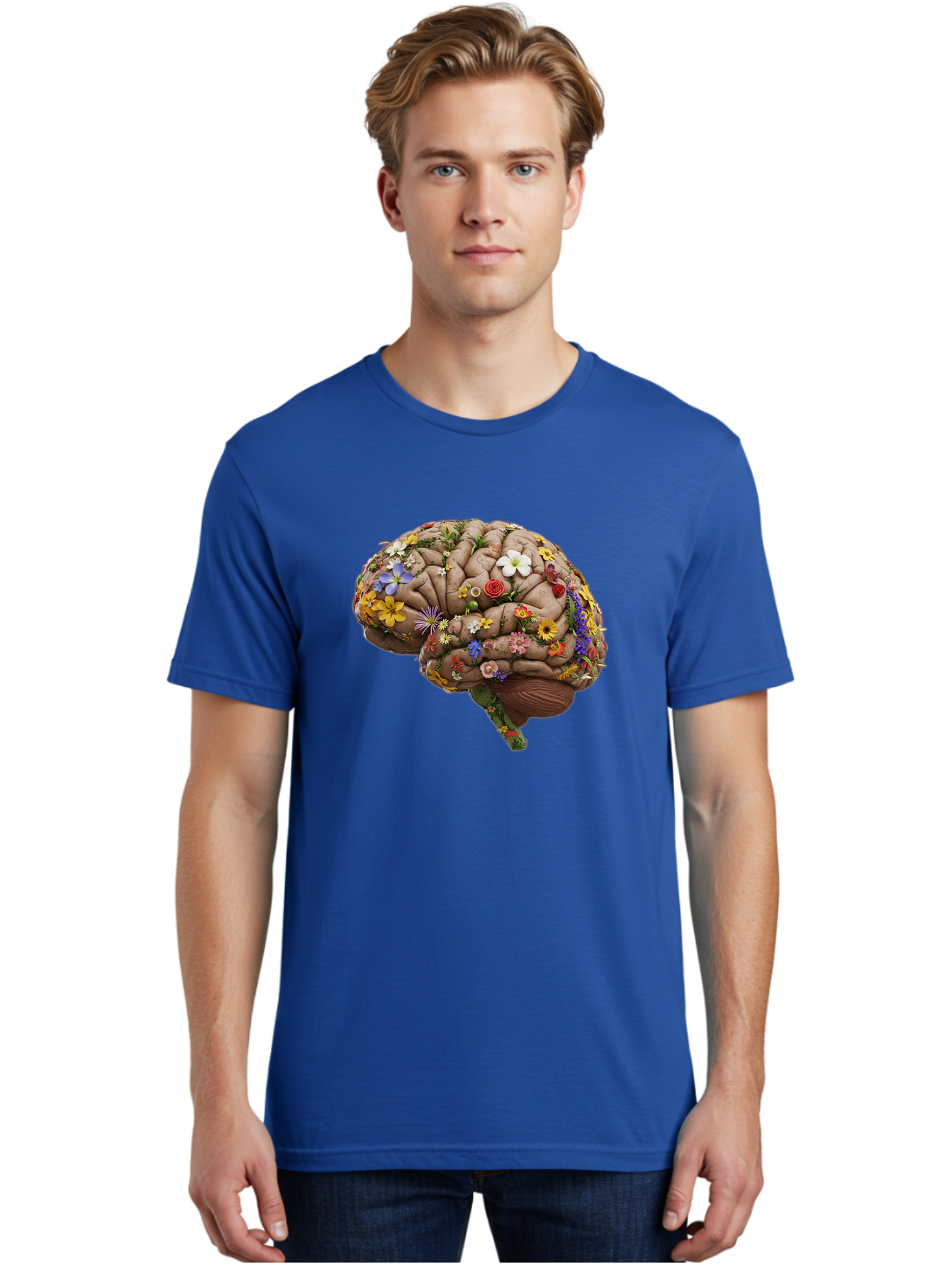 Brain-With-Flowers Men'S Graphic Tee, 100% Cotton, Comfortable Casual Summer Wear, Machine Washable, Human Brain, Flowers Blooming, Creative Thinking, Mental Health, Wellness, Vibrant Colors, Floral Arrangement, Positive Vibes, Brain Power, Bae007
