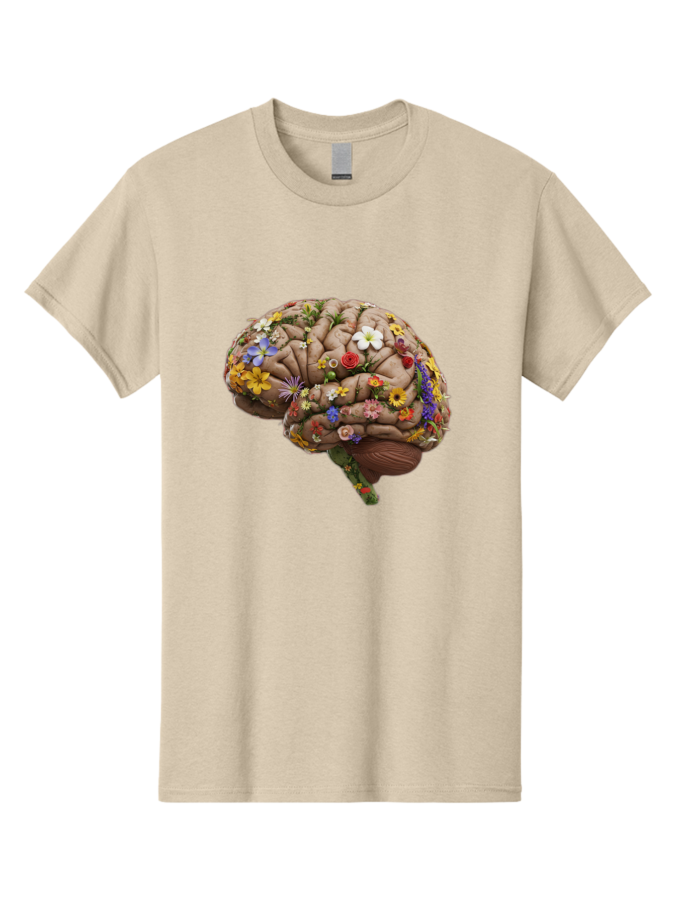 Brain-With-Flowers Men'S Graphic Tee, 100% Cotton, Comfortable Casual Summer Wear, Machine Washable, Human Brain, Flowers Blooming, Creative Thinking, Mental Health, Wellness, Vibrant Colors, Floral Arrangement, Positive Vibes, Brain Power, Bae007