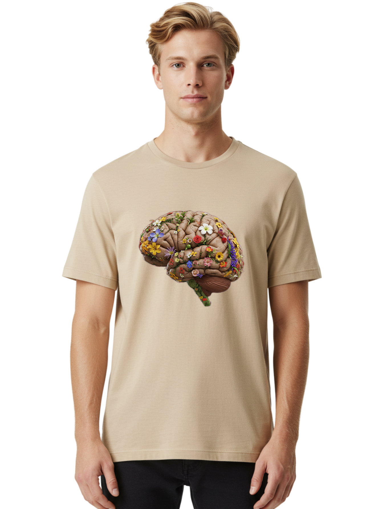 Brain-With-Flowers Men'S Graphic Tee, 100% Cotton, Comfortable Casual Summer Wear, Machine Washable, Human Brain, Flowers Blooming, Creative Thinking, Mental Health, Wellness, Vibrant Colors, Floral Arrangement, Positive Vibes, Brain Power, Bae007
